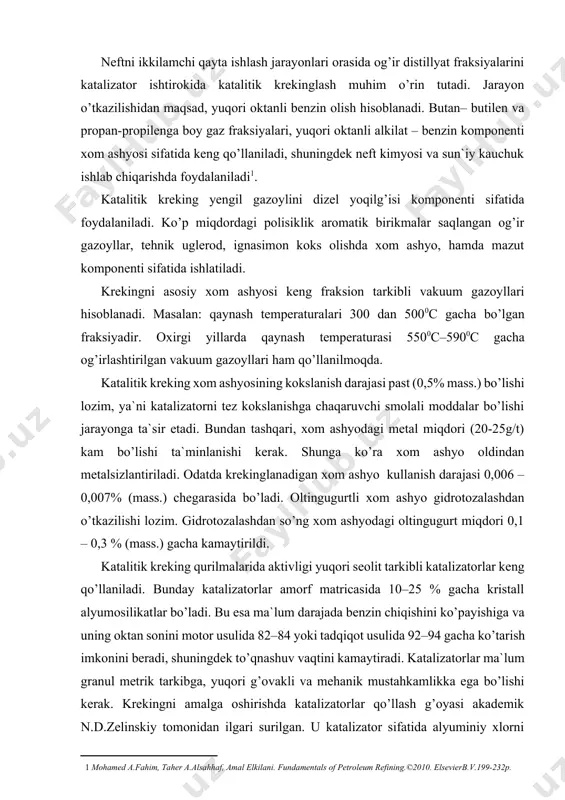 ori seolit tarkibli katalizatorlar keng qo’llaniladi. bunday katalizatorlar amorf matricasida 10–25 % gacha kristall alyumosilikatlar bo’ladi. bu esa ma`lum darajada benzin chiqishini ko’payishiga va uning oktan sonini motor usulida 82–84 yoki tadqiqot usulida 92–94 gacha ko’tarish imkonini beradi, shuningdek to’qnashuv vaqtini kamaytiradi. katalizatorlar ma`lum granul metrik tarkibga, yuqori g’ovakli va mehanik mustahkamlikka ega bo’lishi kerak. krekingni amalga oshirishda katalizatorlar qo’llash g’oyasi akademik n.d.zelinskiy tomonidan ilgari surilgan. u katalizator sifatida alyuminiy xlorni qo’llagan. bu asosda 1919 – 1920 yillarda benzin olish bo’yicha ilg’or qurilma ham yaratilgan. alyuminiy xlor 200–2500c temperaturada krekinglashni yumshoq rejimida o’tkazish imkonini beradi. sanoatda katalitik kreking alyumosilikatli katalizatorlardan foydalanish orqali rivojlanishiga erishildi. bu katalizatorlarning asosiy afzalligi, ularni qayta tiklash soddaligi hisoblanadi. kreking katalizatorlari tabiiy tuproq ko’rinishida yoki sintetik alyumosilikatlar bo’ladi. hozirgi neftni qayta ishlash zavodlarida aktiv va oltingugurtga chidamli sintetik katalizatorlar keng qo’llaniladi. sintetik katalizatorlar asosan alyuminiy tuzini va kremniy tuproqni suv bilan o’zaro ta`sir yuli orqali tayyorlanadi. …