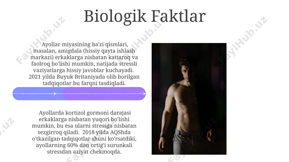 ishbilarmonning stress darajasini o'rganish natijalarida, ayollarda ish bilan bog'liq stress 15% ko'proq ekanligi aniqlangan. ijtimoiy-madaniy faktlar 2023-yilgi jahon sog'liqni saqlash tashkiloti ma'lumotlariga ko'ra, o'zbekiston ayollarining 40% dan ortig'i ish va oilaviy mas'uliyatlar tufayli yuqori stress darajasiga duch kelmoqda. yaponiyadagi tadqiqotlar shuni aniqladiki, shaharlarda yashovchi ayollarning 60% dan ko'prog'i ijtimoiy tarmoqlar bosimidan kelib chiqadigan taqqoslash hissiyoti tufayli stressga moyil. ayollar va erkaklardagi stressning sabablari erkaklarda stressning asosiy sabablaridan biri, ya'ni 40% dan ko'prog'i, ishdagi yuqori javobgarlik va raqobat, masalan, samarqand viloyatida faoliyat yurituvchi korxonalarda kuzatilgan. 2022-yilgi ma'lumotlarga ko'ra, andijon viloyatida yashash joyining noqulayligi, ijtimoiy izolyatsiya va sog'liq bilan bog'liq muammolar ayollar va erkaklar orasida stressning 25% dan ortig'ini tashkil etadi. ish va oiladagi stress o‘zbekistondagi 2022-yilgi tadqiqotlar shuni ko'rsatdiki, ayollarning 65% ishdagi stressni oilaviy muammolar bilan bog'laydi, erkaklarning esa 40%. toshkent shahridagi 1000 nafar ishtirokchi bilan o‘tkazilgan so‘rovnoma natijalariga ko‘ra, ish va oiladagi stress darajasi yuqori bo‘lgan ayollarning 70%ida uyqusizlik kuzatiladi. …