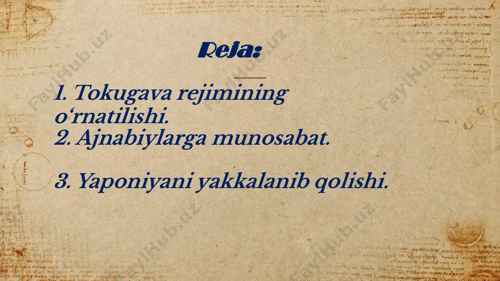 r ham ma’lum miqdordan oshmasligi shart edi. dehqonlarga nisbatan belgilangan tartib-qoidalar ayniqsa qattiq edi. ularning turmushdagi har bir qadamini hukumat qattiq kuzatib turardi. dehqonlarga guruch yeyish man etilgan edi. chunki ular uchun bu «ortiqcha ne’mat» deb qararlar edi. 6 o‘zi va kiotodagi saroyi uchun aniq tayinlangan maoshga asosan yashovchi mikado nomigagina hokimiyat egasi edi. qonunlar aslida uni tashqi dunyo bilan aloqa qilish imkoniyatidan tamomila mahrum qilib qo‘ygan edi. syogunlarning poytaxti edo shahri bo‘lib, u juda tez o‘sib, katta markazga aylanib bordi. syogunlar bu yerda dabdabali hayot kechirar edilar. katta feodallar mulkdor knyazlar-daymo va boshqalarning ko‘p vaqt poytaxtda yashab, syogunlar saroyiga qatnab turishlari shart edi. 7 8 hukumat o‘zining oshkora va mahfiy agentlari vositasi bilan dehqonlarni, shahar plebslarini, katta savdogarlarning xonadonlarini, samuraylarni va feodal knyazlarni kuzatib turardi. shunday qilib yaponiyada feodalizm davridayoq iskovuch politsiyaning mudhish apparati vujudga keltirilgan edi va bu apparat aholining huquqsiz mehnatkashlar ommasi boshiga og‘ir kulfatlar solar edi. …