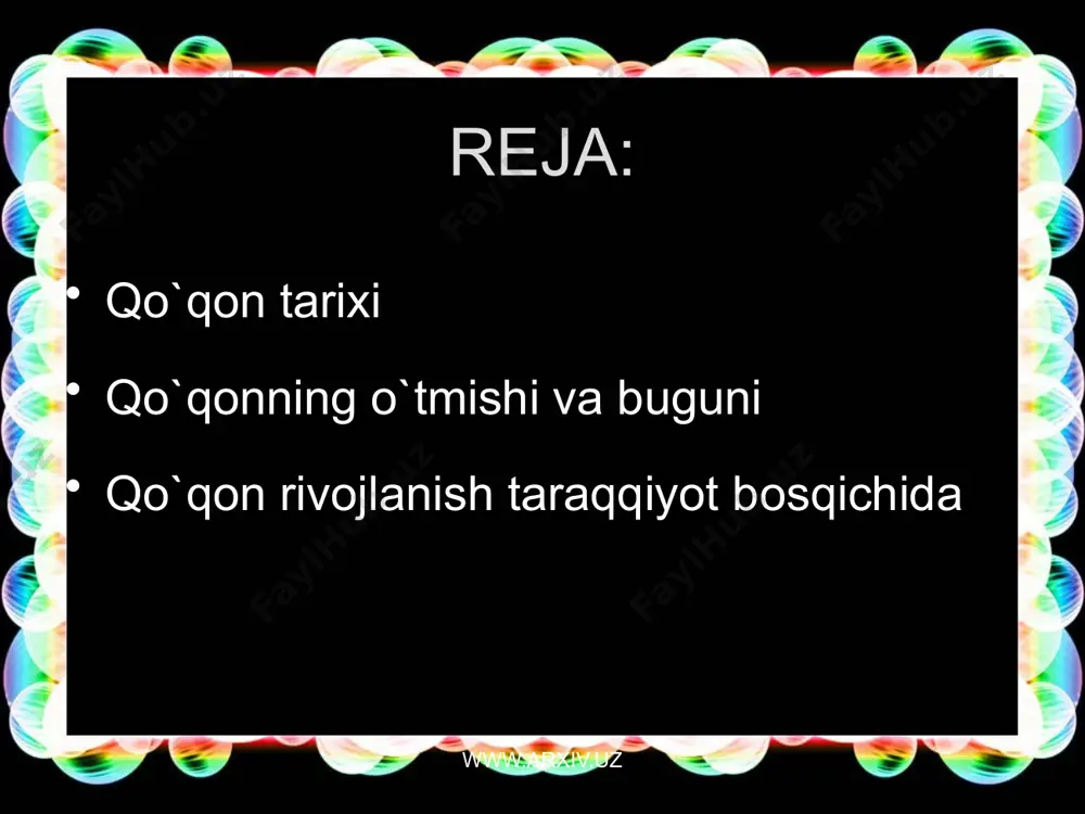 . www.arxiv.uz www.arxiv.uz 5. yangi yaratilgan ishchi o`rinlar. shaharda yangi yaratilgan ishchi o`rinlar soni - 8870 ta. 6. kichik biznes sub'ektlari va fermer xo`jaliklari. kichik biznes sub'ektlarining umumiy soni 1697 ta, bundan 5 tasi fermer xo`jaliklari. www.arxiv.uz www.arxiv.uz 7. bilim yurtlari va sog`liqni saqlash ob'ektlari. shaharda 35545 ta o`quvchiga mo`ljallangan 45 ta o`rta umumta'lim maktablari, 23255 ta talabaga mo`ljallangan 14 kasb hunar kollejlari mavjud. bundan tashqari 1627 ta bemorga mo`ljallangan 19 kasalxona, 25 shifoxona mavjud. www.arxiv.uz www.arxiv.uz gullab yashnayotgan qo'qon ho'qandi latif azaldan madaniyat va maorifat maskani bo'lib rivojlanib kelgan, ota-bobolarimizdan bizga meros bo'lib qolgan va bugungacha sayqallanib, kelayotgan urf-odatlarimiz, milliy qadriyatlarimizning rivojlanishda qadimiy shahrimizning o'rni beqiyos. www.arxiv.uz www.arxiv.uz rus yozuvchilaridan biri «qo'qon xonligi tarixi» nomli kitobida, qo'qonga qilgan sayohatini hayratlanib yozgan. - biz ruslar madaniyat deganda, chiroyli kiyinish, yaxshi yurish-turish, o'zini tutish va boshqa narsalarni tushunardik. bizning nazarimizda boshqa mintaqa va xalqlarda madaniyat yo'qdek bo'lib ko'rinardi. lekin men farg'ona …