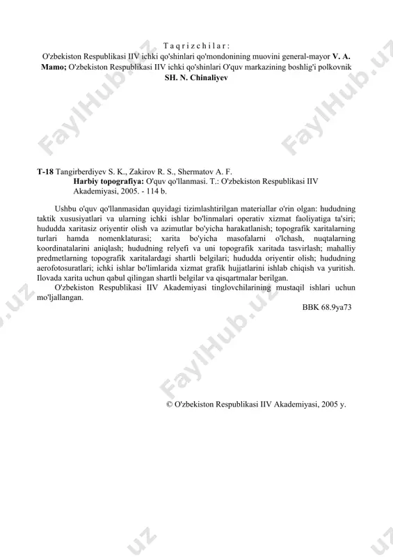 lariga qarab, hududdan o'tishning imkoniyatlari aniqlanadi. hudud relyefining xususiyatiga, undagi o'rmonlar, tunnellar va boshqa mustahkam (g'ishtli, toshdan, temir-betonli) yer osti inshootlari, asosan, yerto'lalarning mavjudligiga qarab, hududning himoyaviy xususiyatlari aniqlanadi. hududda inshootlarning mavjudligi ulardan yadroviy va boshqa qurollardan ximoyalanish vositasi sifatida foydalanish imkonini beradi. iivga qarashli obyektlar (idoralar, tashkilotlar, o'quv yurtlari)da fuqarolarning himoyasi va xizmatlar (yong'inga qarshi, tartibni saqlash va xavfsizlikni ta'minlash)ni tashkil qilishda hudud himoyaviy xususiyatlarining ahamiyati muhim. oriyentir olish sharoiti hududning xususiyati bo'lib, u gorizont tomonlariga, hududdagi obyektlarga nisbatan joylashishini, kerakli harakatlanish yo'nalishini, shuningdek o'z bo'linmalari va dushmanning joylashishini aniqlashga yordam beradi. ular tashqi ko'rinishi, joylashgan holati, hududdagi boshqa obyektlardan yaqqol ajralib turuvchi relyef elementlari va chiziqli predmetlarning mavjudligiga qarab aniqlanadi. relyefning xususiyati, qiyaliklarning shakllari, o'simliklar qoplami (asosan o'rmonlar va butazorlar), aholi punktlari kuzatish va o't ochish jarayoniga ta'sir ko'rsatadi. bunday topografik elementlarning o'ziga xos joylashishi kuzatish va o't ochishni yengillashtirishi yoki qiyinlashtirishi mumkin. hududni niqoblash relyefga xos shakllar …