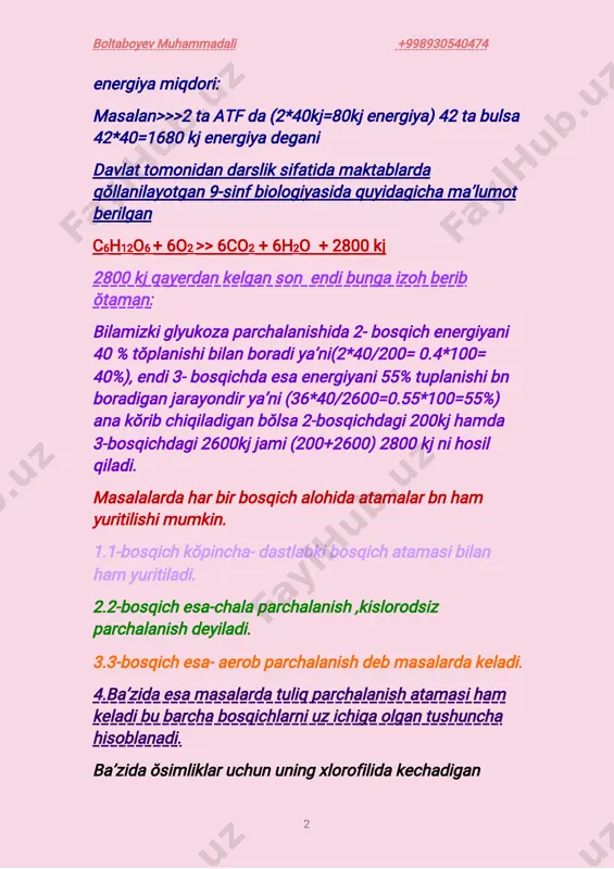 ruchununingxlorofilidakechadigan boltaboyevmuhammadali +998930540474 3 jarayonlarham keltiribŏtiladi.bundaodatdagiganisbatan ushbubosqichda30martakŏpatfhosilbŏladi. kimyoviytuzilish @tashmi_student_2020 +998930540474 boltaboyevmuhammadali +998930540474 4 atfgaoidmasalar 1.energiyaalmashinuvidato’liqsiz(anaerob)sharoitda180gr glyukozaparchalangandahosilbo’lganatfmolekulalarsonini aniqlang. a)38 b)36 c)2 d)40 2.energiyaalmashinuvidato’liq(aerob)sharoitda2molekulasut kislotaparchalangandahosilbo’lganatfmolekulalarsonini aniqlang. a)38 b)36 c)2 d)40 3.energiyaalmashinuvidato’liqsiz(anaerob)sharoitda180gr glyukozaparchalangandahosilbo’lganatfdato’planganenergiya miqdorinikjdaaniqlang. a)120 b)200 c)80 d)40 4.energiyaalmashinuvidato’liqsiz(anaerob)sharoitda180gr glyukozaparchalangandaissiqliktarzidaajralganenergiya miqdorinikjdaaniqlang. a)200 b)80 c)120 d)40 5.energiyaalmashinuvidato’liq(aerob)sharoitda2molekulasut kislotaparchalangandahosilbo’lganatfdato’planganenergiya miqdorinikjdaaniqlang. a)1440 b)1160 c)120 d)2600 6.energiyaalmashinuvidato’liq(aerob)sharoitda2molekulasut kislotaparchalangandaissiqliktarzidaajraladiganenergiya miqdorinikjdaaniqlang. a)1440 b)1160 c)120 d)2600 7.energiyaalmashinuvidato’liqsiz(anaerob)sharoitda180gr glyukozaparchalangandaajraladiganenergiyamiqdorinianiqlang. a)2800 b)2600 c)200 d)120 8.energiyaalmashinuviningto’liq(aerob)bosqichida2molekula boltaboyevmuhammadali +998930540474 5 sutkislotaparchalangandaajraladiganenergiyamiqdorinikjda aniqlang. a)2800 b)2600 c)200 d)120 9.energiyaalmashinuviningikkinchivauchinchibosqichlarida hosilbo’lganatfmolekulalarsoninianiqlang. a)38 b)36 c)2 d)4 10.6molglyukozaparchalandi.shundan4molito’liqparchalandi. jamiqanchaatfhosilbo’ladi? a)156 b)84 c)88 d)80 11.energetikalmashinuvningaerob(a)vaanaerob(b) bosqichlaridahosilbo’lganenergiyaningnechafoiziatf molekulalarigabog’lanadi? a)a-40;b-40 b)a-41,4;b-60 c)a-55,4;b-40 d)a-60;b-40 12.energiyaalmashinuvnatijasida315grglyukoza parchalangandaqanchaenergiyaaj