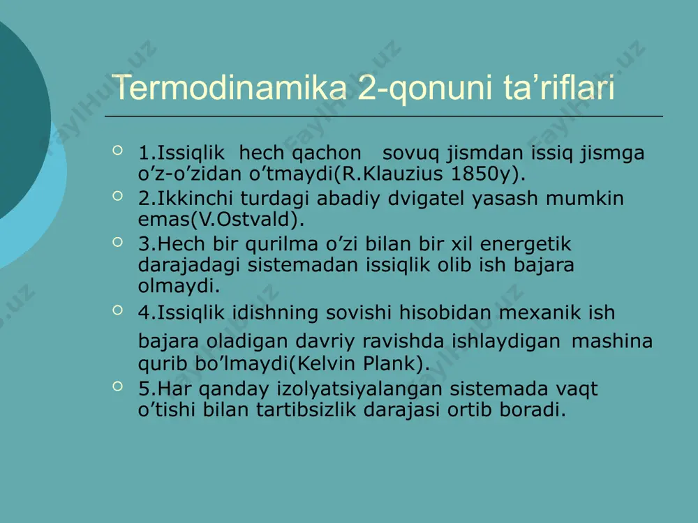 to’liq gifferensialidir:ds=^qqaytar/t matematik nuqtai nazardan termodinamika ikkinchi qonuni entropiyaning holat funksiyasi hisoblanadi va yuqoridagi tenglama faqat qaytar jarayonlar uchun xos.bu xulosa qaytar jarayonlarda bajariladigan ish maksimal ekanligidan kelib chiqadi. ds-termodinamika ikkinchi qonuniga sistemaning bir qiymatli holat funksiyasining to’liq differensialidir. termodinamik potensiallar reaksiyaning o’z-o’zidan borishi mumkinligi haqida xulosa chiqarishda entropiya va entalpiya haqida, bu omillarni muvofiqlashtirish to’g’risida ya’nikim bu ikki omilning ta’sirini bir vaqtning o’zida inobatga olish kerak.bu funksiyani termodinamik potensiallar bajaradi.bular qatoriga gelmgols (a) energiyasi (izoxorik-izotermik potensial) va gibbs (g) energiyasi (izobarik-izotermik potensial) kiradi. termodinamik potensiallar izobarik-izotermik potensial g bilan belgilanadi va gibbs energiyasi deb ataladi.quyidagiga teng bo’ladi: g=h-ts gibbs energiyasi (g) holat funksiyasi bo’lib hisoblanadi.shuning uchun uning o’zgarishi (g) quyidagicha bo’ladi:^g=^h-t^s-s^t ^t=0 bo’lganda ^g=^h-t^s bo’ladi. u-ts funksiya a harfi bilan belgilab gelmgols energiyasi deb ataladi. termodinamik potensialllar a=u-ts bu funksiyani izoxorik-izotermik yoki izoxorik potensial ham deyiladi. gibbs va gelmgols energiyalari sistemaning ish bajarish qobiliyatini xarakterlaydi.ya’ni, ular izobarik-izotermik(^g) yoki izoxorik-izotermik …