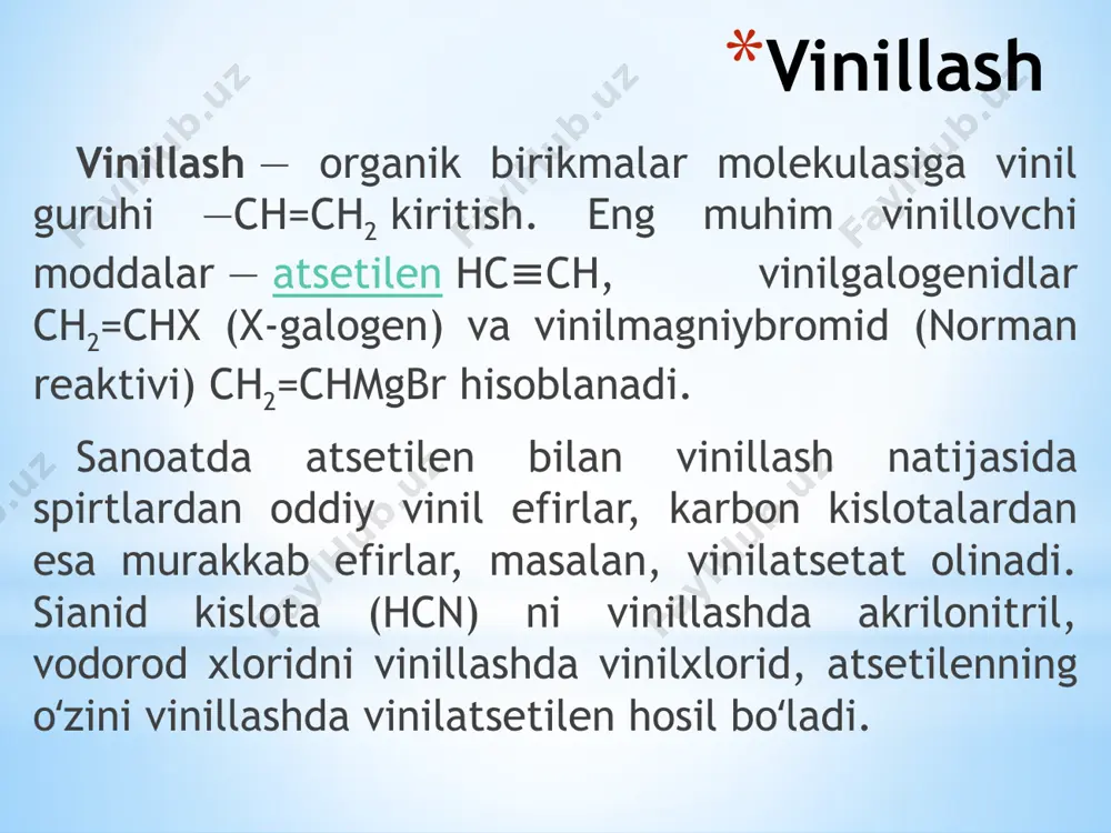 qat β - diketonlar hosil bo‘ladi: lekin diatsetilenni o‘zidan faqat α-diketon olinadi: vinilatsetilenning hosilalari ham huddi diyenlar kabi gidratlanadi: ya’ni ularni reaksiyalarida asosiy rolni elektron omillari o‘ynab, sterik omillarining ta’siri kam. buni quyidagi reaksiyalarida ham ko‘rish mumkin: agarda atsetilenni spirtlar, masalan, etil spirti bilan reaksiyasi вғ3 ishtirokida olib borilsa, vinilefir o‘rniga atsetaldegid hosil bo‘ladi: atsetilen va uning uyrim gomologlari ta’sirida glikol va poliglikollarning mono vinilefirlari sintezi quyidagi keltirilgan sharoitlarda ketadi vinilatsetat oddiy atsilamidetilendiatsetat yoki diatsetat atsetaldegiddan kislotali katalizatorlar, masalan benzolsulfokislota, ishtirokida yuqori haroratda sirka kislotani ajratish yo‘li bilan olinishi mumkin. agar katalizator sifatida al2o3 ishlatilsa, bu parchalanish gaz fazada, 200 0c haroratda amalga oshiriladi. vinilatsetat olish jarayonida qo‘shimcha mahsulot sifatida atsetilen polimerlanishi natijasida hosil bo‘ladigan kupren smolalari, vinilatsetatga ikkinchi molekula sirka kislotasi birikishidan hosil bo‘ladigan etilendiatsetat va nihoyat atsetatdegid bevosita etilidendiatsetat parchalanishidan hosil bo‘ladi. vinilatsetatning geterogen-katalitik sintezi ushbu ishda sirka kislotani atsetilen bilan geterogen katalitik vinillash reaksiyasi tadqiq qilindi. katalizator …