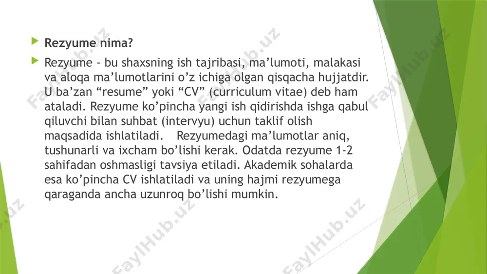 giz hamda erishgan yutuqlaringiz. ma’lumoti: o’qigan o’quv muassasalaringiz, mutaxassisligingiz va olingan darajangiz (bakalavr, magistr va hokazo). kasbiy ko’nikmalar: lavozim uchun mos keladigan kasbiy ko’nikmalaringiz va bilimlaringiz. qo’shimcha ma’lumotlar: chet tillarini bilish darajangiz, kompyuter savodxonligingiz, sertifikatlar, mukofotlar va hokazo. rezyumega qaysi ma’lumotlar kiritilishi kerak? rezyume tuzishda quyidagi standart bo’limlar ketma-ketligidan foydalanish mumkin: aloqa ma’lumotlari: bu sizning ismingiz, telefon raqamingiz va elektron pochta manzilingizni o’z ichiga olishi kerak. karyerangiz haqida qisqacha ma’lumot (ihtiyoriy): bu bo’lim ro’yxat shaklida (bullet points) yoki bir abzats matn shaklida berilishi, unda sizning kasbingiz va yangi ishga mos keladigan ko’nikmalar va tajribalaringiz haqida ma’lumot berishingiz mumkin. masalan, “16-yillik bir nechta sanoat tashkilotlarida audit sohasida mehnat tajribasiga ega bo’lgan hisobchi, westminster universitetida “biznes boshqaruvi” magistr programmasini bitirgan, acca xalqaro sertifikatiga ega.” xulosa xulosa o’rniga shuni aytish mumkinki, rezyume sizning kasbiy “vizit kartangiz” bo’lib, uni tuzishda mazkur maslahatlarni inobatga olsangiz, ish topishda katta yordam beradi. biroq, yodda tutingki, rezyume intervyuga …