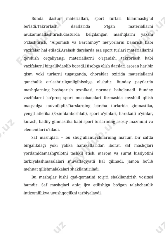 sadga muvofqligi; 2. mashg‘ulot joyi, bor jixoz-anjomlardan foydalanish, o‘quvchilarni joylashtirish, saflantirish va qayta saflanishlarning maqsadgamuvofiqligi, ularning tarbiyaviy qiymati. 3. dars qismlarida o‘quvchilar ishini tashkil etish uslublari vaular variantlarning frontal, guruhi individual, aylanma mashq uslubibirin-ketin, baravariga va h.k. qo‘llanishini maqsadga muvofiqligi,ularning dars mazmuniga va vazifalariga, o‘quvchilarning yoshlarigamosligi, darsning yuklamasi va zichligiga ta’siri. misollar bilan tasdiqlanadi. 4. darsniig qismlarida o‘quvchilarning harakat faolliklarinioshirish uchun qanday uslubiy usullardan foydalanildi, ularniig darsvazifalarini xal etishdagi samaradorligi. misollar bilan tasdiqlanadi. 5. darsda o‘quvchilardan yordamchilar (jismoniy tarbiya tashkilotchisi, navbatchi, boshlig‘i) sifatida foydalanishning effektivligigaularning o‘z vazifalarini bajarishga tayyorgarliklari, umumta’limmaktablarida jismoniy tarbiya va sport mashg‘ulotlarida xavfsizlikqoidalariga rioya qilishlari. pedagogning o‘z yordamchilari ishlarininazorat qilishi va baholashi. jismoniy tarbiya darslarida pulsometriya olib borishdan, ya'ni tomir urishini o’lchashdan asosiy maqsad darsdagi yuklamaning o’quvchilar yoshiga, tayyorgarligiga, mashg’ulot o’tkaziladigan joy sharoitiga muvofiqligini aniqlashdan iborat. pulsometriya ma'lumotlarini to’g’ri tahlil qila bilish esa talabalarga keyinchalik o’z harakatlarini ob'ektiv baholash, har bir sinf uchun yuklamalami to’g’ri rejalashtirish, boshqarish …