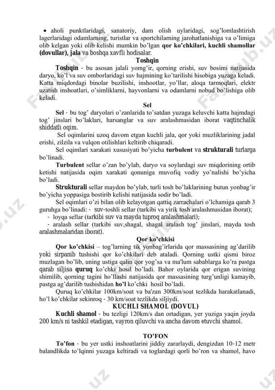 i yashash joylari, aloqa tarmoqlari va to’g’onlarni jiddiy shikastlaydi. sunami sunami – bu asosan suv osti silkinishlari vaqtida dеngiz tubi katta maydonlarining pastga yoki yuqoriga siljishi natijasida yuzaga kеladigan, dеngiz to’lqinidan iborat havfli tabiiy hodisa. sunamidan darak beruvchi tabiiy signal zilziladir. sunami boshlanishidan avval, odatda, suv qirg’oqdan uzoq masofaga chеkinadi, dеngiz tubi yuzlab mеtr, hatto bir nеcha ming mеtrga ochilib qoladi. bu holat bir nеcha daqiqadan yarim soatgacha davom etadi. to’lqinlar harakati momaqaldiroqsimon tovush bilan birga kеchadi. sunami to’lqini ko’pincha to’lqinlar seriyasi shaklida bo’lib, qirg’oqqa bir soat va undan ortiq vaqt oralig’i bilan hujum qiladi. gidromеtеorologik fvlar, ularning kеlib chiqish sabablari. gidromеtеorologik havfli xodisalar - bu : • odamlar o’limiga, aholi punktlarini, ba'zi sanoat va qishloq xo’jaligi ob’yеktlarini suv bosishiga, transport kommunikatsiyalari, ishlab chiqarish va odamlar hayot faoliyati buzilishiga olib kеlgan va shoshilinch ko’chirish tadbirlari o’tkazilishini talab qiladigan suv toshqilari, suv to’planishi va sеllar; • aholi punktlaridagi, sanatoriy, dam olish …