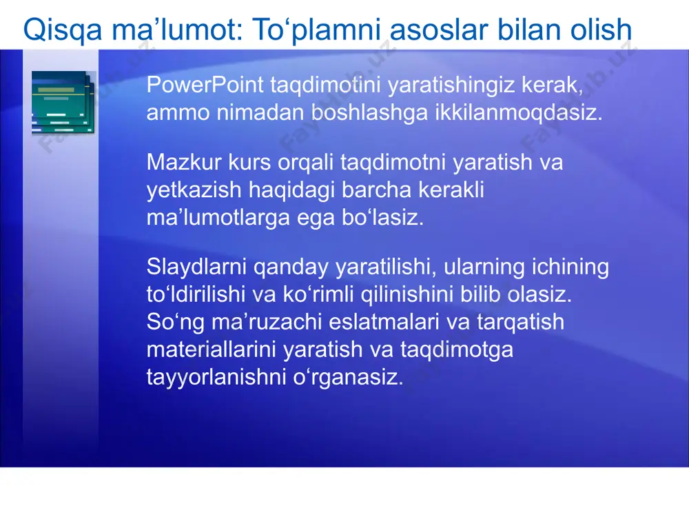 asiga bosishingiz bilanoq “slaydlar” ilovasida tanlangan slaydning tagida yangi slayd qo‘shiladi. uy uy 11 yangi slaydlar qo‘shish powerpoint ochilayotganda bu yerda faqat bitta slayd ko‘rsatiladi. boshqa slaydlarni qo‘shasiz. “yangi slayd” tugmasi ishlatilishining 2 usuli mavjud : tugmaning pastki qismiga bossangiz, slayd uchun maketlar galereyasi taqdim etiladi. maketni tanlaysiz va slayd maket bilan qo‘shiladi. uy uy 12 yangi slaydlar qo‘shish agar slaydni maket tanlamasdan qo‘shsangiz, powerpoint avtomatik ravishda uni qo‘shib qo‘yadi. istasangiz, uni o‘zgartirishingiz mumkin: maketini o‘zgartirish kerak bo‘lgan slaydga kursorni yo‘naltirib sichqonchaning o‘ng tugmasi bilan bosing, so‘ng “maket” tugmasiga bosing. uy uy 13 bu bilan maketlar galereyasi ochiladi va ulardan bittasini slaydga qo‘llash uchun uni bosing. slaydlar uchun maketlar tanlash slayd maketi slaydlar tarkibini tartibga soladi. masalan, slaydda ro‘yxat va rasm yoki rasm va sarlavhani kiritmoqchi bo‘lishingiz mumkin. maketlar har qanday mundarijani qo‘llab-quvvatlash uchun to‘ldirish kerak bo‘lgan sohalar va ularning joylashuvlarining har xil turlariga ega. sarlavha qo‘shish uchun bosing sarlavha …