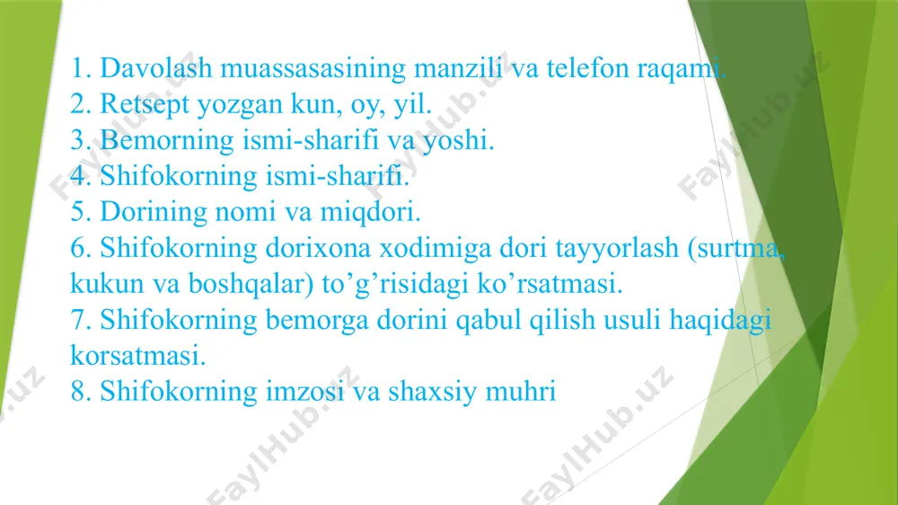 tatur takrorlansin yoki bis repetatur ikki marta takrorlansin, deb yozib qo�yadi. retseptlar bitta moddadan tashkil topgan bo’lsa oddiy, ikki yoki undan ortiq moddadan tashkil topgan bo’lsa, murakkab retsept deyiladi - davolash-profilaktika muassasasining shartli belgisi bosmaxona usulida bosiladi yoki to�rtburchak muhr qo�yiladi; - retsept lotin tilida tushunarli qilib, aniq harflar bilan siyohda yoki sharikli ruchkada yoziladi, retseptni tuzatish man etiladi; - bir retsept varaqasida tarkibida zaharli yoki nasha moddasi bo�lgan bitta dori yoki ikkita oddiy va kuchli ta�sir etuvchi dori bo’lishi mumkin; faqat qabul qilingan qisqartma otlarning shartli belgisi yozilishi kerak; - qattiq va sochiluvchan moddalar grammlarda (0,001; 0,5; 1,0), suyuqliklar millilitrlarda, grammlarda va tomchilarda yozilishi kerak; - dorini qabul qilish usuli bemor tushunadigan tilda yozilishi kerak, «ichki», «ma�lum» kabi umumiy ko’rsatmalar bilan cheklanish mumkin emas; - retsept shifokorning imzosi, shaxsiy muhri bilan tasdiqlanishi lozim. amicus certus in re incerta cernitur. sodiq do�’st og’ir kunda bilinar. natura sanat, medicus curat. tabiat …