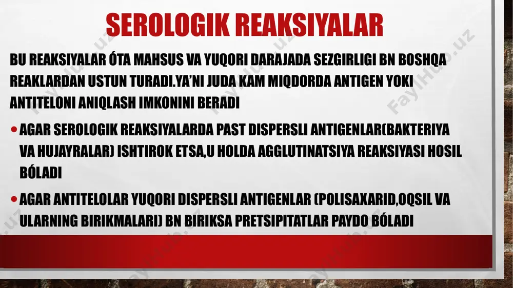 il qila olmaydi bunday antitelolar organizmning quyidagi holatlarida paydo bóladi: rezus-chiqishmaslik autoimmun kasalliklari (kollagenozlar) gemolik anemiya malum bir virus,rikketsiya va bakteeial infeksiyalar kumbs reaksiyasi kumbs reaksiyasini qòyish uchun quyondan odam globulinlariga qarshi immun zardob olish kerak,shu maqsadda quyonlarga odam immunoglobulinlari yuboriladi. olingan immun zardobda tóliq va notóliq antitelolarga qarshi bivalent antitelolar mavjud bivalent antitelolar,korpuskular antigenga adsorbsiyalangan ikki notóliq antiteloni biriktirishi hisobiga kózga kórinuvchi reaksiya yuzaga keladi monovalent antitelolarni aniqlash uchun homilador ayollarning qon zardobiga rezus-musbat eritrositlar (antigen) ,undan sóng globulinga qarshi zardob qòshiladi,natijada gemagglutinatsiya reaksiyasi hosil bòlib,chòkmaga tushadi pretsipitinlar va pretsipitatsiya reaksiyasi dispers kolloid holatidagi (suyuqliklarda eruvchan) antigen pretsipitinogen deb ataladi pretsipitinogen bn qóshilib,elektrolit (0,85 % naci)ishtirokida pretsipitat hosil qiluvchi antitelolar pretsipitinlar deb ataladi pretsipitatsiya reaksiyasining 20dan ortiq turi bólib,probirka,kapillar,buyum oynachalari,filtr qog’ozi,atsetat sellulozali plyonka va agarda qóyiladigan pr larga bólinadi pretsipitatsiya reaksiyasi bu reaksiya yuqori darajada maxsusligi va sezgirligi bn boshqa reaksiyalardan ustun turadi.u yordamida juda kam miqdordagi antigen yoki …