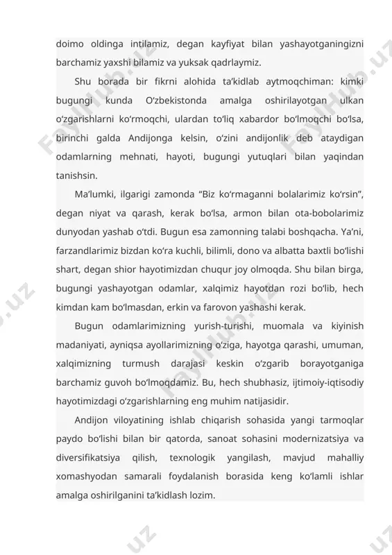 sohasida yangi tarmoqlar paydo bo‘lishi bilan bir qatorda, sanoat sohasini modernizatsiya va diversifikatsiya qilish, texnologik yangilash, mavjud mahalliy xomashyodan samarali foydalanish borasida keng ko‘lamli ishlar amalga oshirilganini ta’kidlash lozim. ayniqsa, xalqaro bozorda raqobatdosh, qo‘shimcha qiymatga ega bo‘lgan mahsulotlar ishlab chiqaradigan zamonaviy korxonalar barpo etish masalasiga jiddiy e’tibor qaratayotganimiz o‘zining hosili va natijalarini bermoqda. bu borada iqtisodiyotimizning lokomotivi bo‘lgan, ijtimoiy hayotning ma’no-mazmunini keskin o‘zgartirishga xizmat qilayotgan korxonalar, birinchi navbatda asaka shahridagi avtomobil zavodi faoliyati haqida har qancha gapirsak arziydi, albatta. bu korxonaning mamlakatimiz uchun butunlay yangi bo‘lgan zamonaviy avtomobilsozlik tarmog‘ining shakllanishiga poydevor qo‘ygani, yuksak texnologiyalarni, ilg‘or ilm-fan yutuqlarini o‘zlashtirishda qanday katta rol o‘ynayotganini barchamiz yaxshi bilamiz. xususan, 2008-yildan boshlab, jahon avtomobil sanoatida yetakchi hisoblangan “jeneral motors” kompaniyasi bilan hamkorlikda ushbu zavodda mashhur “shevrole” brendi bilan avtomobillar ishlab chiqarish yo‘lga qo‘yilgani sanoatimiz rivojida yangi tarixiy bosqich bo‘ldi, desak, mubolag‘a bo‘lmaydi. ayni shu asosda ishlab chiqarilayotgan avtomobillarning turi, texnologik xususiyatlari tubdan yaxshilanib, mutlaqo …