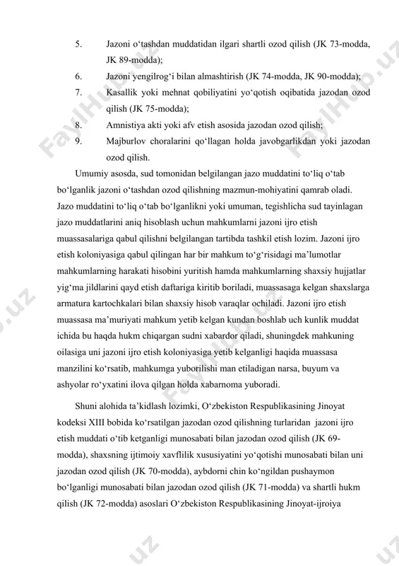 ozod qilish (jk 71-modda) va shartli hukm qilish (jk 72-modda) asoslari o‘zbekiston respublikasining jinoyat-ijroiya kodeksiga mahkum sud tomonidan tayinlangan jazo muddati tugagunga qadar jazoni o‘tashdan ozod qilinishi mumkin bo‘lgan hollar ro‘yxatiga kiritilmagan. sababi, o‘zbekiston respublikasining jinoyat kodeksi 69-moddasi mazmunini tahlil qiladigan bo‘lsak, sud hukmi bilan muayyan jazoga hukm qilingan mahkum jazoni umuman ijro etmaydi. ya’ni, hukm qonuniy kuchga kirgan kundan boshlab o‘zbekiston respublikasining jinoyat kodeksi 69-moddasida ko‘rsatilgan muddatlar ichida jazo ijro etilmagan bo‘lsa, mahkum asosiy va qo‘shimcha jazolardan ozod qilinadi. o‘zbekiston respublikasining jinoyat kodeksi 70-moddasi mazmuniga e’tibor qaratadigan bo‘lsak, jinoyat sodir etgan shaxs agar ish sudda ko‘rilayotgan vaqtgacha sharoit o‘zgardi yoki shaxs namunali hulqi, mehnatga yoki o‘qishga halol munosabati bilan o‘zini ko‘rsatib, ijtimoiy xavfliligini yo‘qotdi deb e’tirof etilsa, sud uni jazodan ozod qilishi mumkin. ya’ni, jinoyat sodir etgan shaxs ish sudda ko‘rilayotgan vaqtda tegishli asoslar mavjud bo‘lgan holda jazodan ozod qilinishi mumkin. aybdorni chin ko‘ngildan pushaymon bo‘lganligi munosabati bilan jazodan …