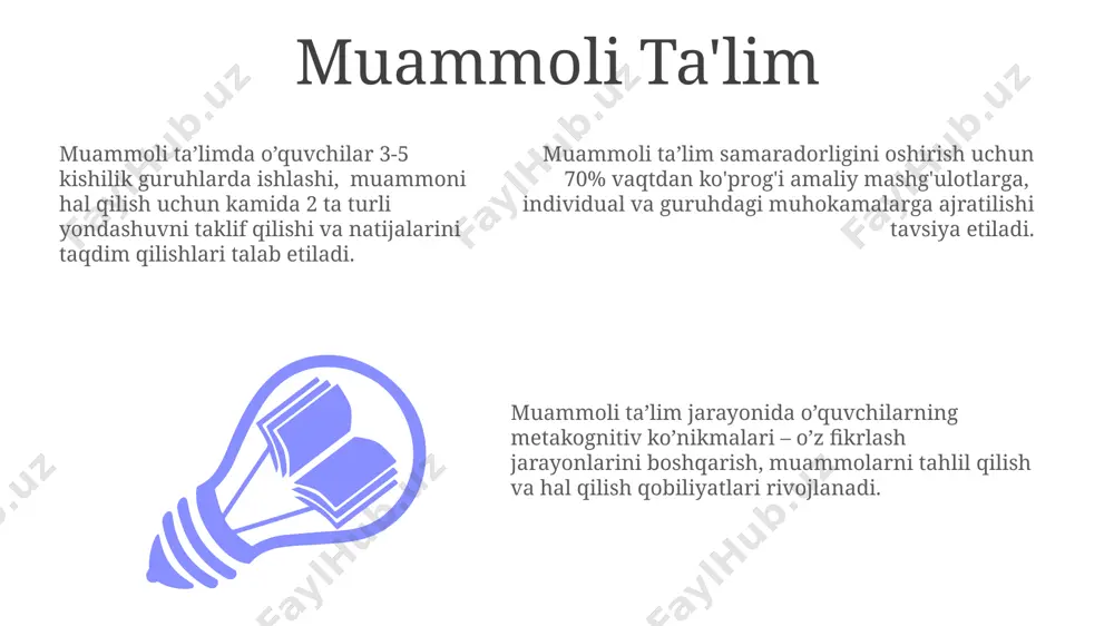 a 3 xil baholash usuli (masalan, yozma ishlar, og'zaki javoblar, amaliy topshiriqlar) qo'llanilishi kerak. loyihaviy ta'lim loyihaviy ta’limning samaradorligi 80% amaliy mashg‘ulotlar va 20% nazariy bilimlarga asoslangan bo‘lib, o‘zlashtirish darajasini sezilarli darajada oshiradi. loyihaviy ta’limda portfolio, prezentatsiya va yakuniy mahsulot kabi 3 ta asosiy baholash mezonlari qo‘llaniladi, bu o‘quvchilarning individual yutuqlarini aniqlashga yordam beradi. loyihaviy ta’limda o‘quvchilar 2-3 kishilik guruhlarda 5-7 kun davomida amaliy loyihalar ustida ishlashadi, bu ularning muammo hal qilish ko‘nikmalarini rivojlantiradi. ta'lim resurslari va qurollari zamonaviy ta'lim texnologiyalari, jumladan, 5g tarmoqlari va bulut xizmatlari, o'quvchilarga 100 dan ortiq ta'lim resurslariga onlayn kirish imkoniyatini beradi. o'quvchilarning 70% dan ortig'i vizual ma'lumotlarni yaxshi qabul qiladi, shuning uchun taqdimotlar, videolar va infografikalar kabi vizual vositalar ta'lim samaradorligini sezilarli darajada oshiradi. ta'lim jarayonida kamida 3 xil o'quv resurslaridan (masalan, darsliklar, interaktiv o'yinlar, multimedia vositalar) samarali foydalanish o'quv natijalarini 20-30% ga oshirishi mumkin. interfaol ta'lim usullari simulyatsiya va o'yinlar, interfaol ta'limning samarali …