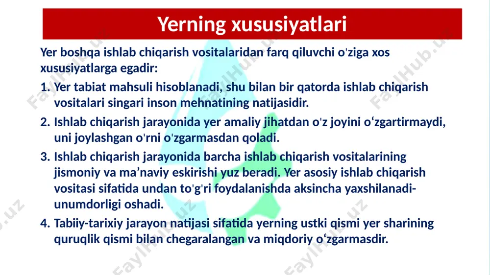 iladi. sug‘orilmaydigan yerlarni qishloq xo‘jaligiga mo‘ljallangan yerlar toifasidan yer fondining boshqa toifasiga o‘tkazish o‘zbekiston respublikasi vazirlar mahkamasi tomonidan amalga oshiriladi, sug‘oriladigan yerlarni qishloq xo‘jaligiga mo‘ljallangan yerlar toifasidan yer fondining boshqa toifasiga yoki sug‘orilmaydigan yerlar toifasiga o‘tkazish esa o‘zbekiston respublikasi prezidentining qaroriga muvofiq amalga oshiriladi.yer fondining toifasi yer uchastkalarini berish huquqiga ega bo‘lgan organlar tomonidan qabul qilinadigan yer uchastkalarini berish to‘g‘risidagi qarorlarda, ko‘chmas mulk obyektlariga bo‘lgan huquqlarning davlat reyestridan elektron ko‘chirmalarda, yer uchastkalariga bo‘lgan huquqlarni tasdiqlovchi shartnomalarda, boshqa hujjatlarda, davlat yer kadastri hujjatlarida ko‘rsatiladi. yerlarni bir toifadan boshqasiga o‘tkazishning belgilangan tartibini buzish bunday o‘tkazish faktlarini g‘ayriqonuniy deb va ular asosida tuzilgan yer uchastkalariga doir bitimlarni haqiqiy emas deb topishga, shuningdek yer uchastkalariga bo‘lgan huquqlarni davlat ro‘yxatiga olishni rad etishga asos bo‘ladi yerlarni muhofaza qilish ulardan belgilangan maqsadda, oqilona foydalanish, tuproq unumdorligini, o‘rmon fondi yerlarining samaradorligini tiklash va oshirish, qishloq xo‘jalik oborotidan va tabiatni muhofaza qilish, sog‘lomlashtirish, rekreatsiya maqsadlariga mo‘ljallangan yerlar va …