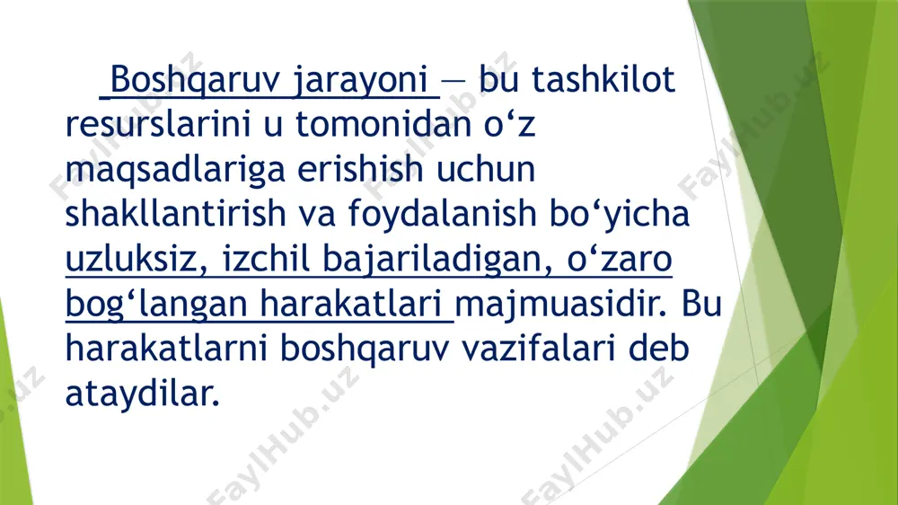 tga qarab boshqaruv ning ma’qul usuli qo’llaniladi operatsion tamoyiliga, qaror qabul qilish nazariyasi tamoyillariga e’tibor qaratiladi. boshqaruvga tashkiliy mexanizmlarni keng oqilona yo’llarini ishlab chiqishda ma`lum funktsiyalarni, ya’ni rejalashtirish tashkillashtirish, raxbarlik qilish, uvofiqlashtirish, nazorat qilish kabilarni o’z ichiga oladi. tashkilotning ichki muhitiga (iqtisodiy, ilmiy – texnikaviy, ijtimoiy, siyosiy), e’tibor beriladi. 22 tizimli yondashuv vaziyatli yondashuv funksional yondashuv miqdoriy yondashuv menejmentning o‘rganish obyekti boshqaruv faoliyatiga doir iqtisodiy hodisa va jarayonlar, firma ishini samarali tashkil etish xususiyatlari, boshqaruvning amaldagi zamonaviy shakl va usullari, uning kelajak istiqbollari tashkil etadi. bunda menejment nazariyasining rivojlanish tendensiyasi, uni tashkil etish tamoyillari va usullari, motivatsiya va boshqaruv samaradorligi masalalari obyekt sifatida o‘rganiladi. boshqaruv obyekti va subyekti menejment № obyekti (boshqariluvchi hodisa, voqelik) subyekti( boshqaruv organi, rahbarlik) 1 2 3 1. makrodarajada 1. mamlakat (respublika) * qonun chiqaruvchi hokimiyat (oliy majlis) * ijro etuvchi hokimiyat(o‘zr vazirlar mahkamasi) * sud hokimiyati 2. 3. viloyat tuman (shahar) * qr jo‘qorgi kengashi …