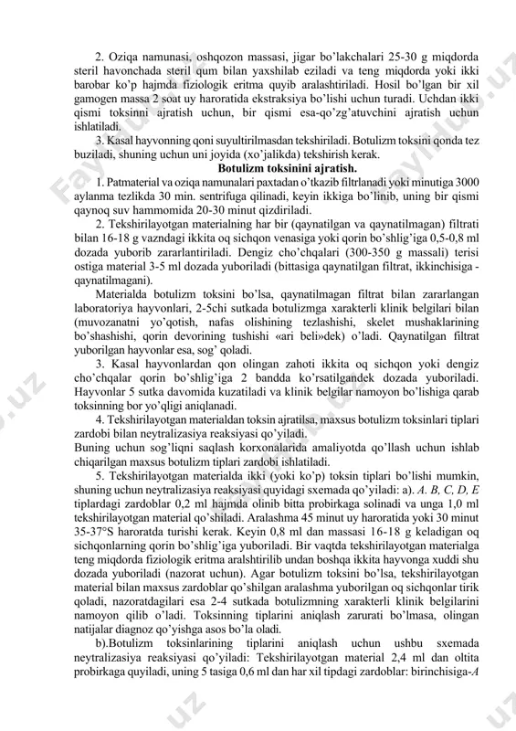 hosil qilish mumkin. diagnozi. xarakterli klinik belgilari yoki anamnez va laboratoriya tekshiruvlari natijasiga asoslanib qo’yiladi. biopreparatlar. botulizmning maxsus oldini olish uchun anatoksinlar qo’llaniladi. hayvonlardan faqat norkalar emlanadi. oldini olish maqsadida norkalar botulizmga qarshi formol kvassli anatoksin vaksina bilan emlanadi. vaksina songa, mushaklar orasiga 1 ml. miqdorda yuboriladi. immunitet 2-3 haftadan keyin hosil bo’lib, bir yilgacha saqlanadi. botulizmning laboratoriya diagnostikasi qo’zg’atuvchi-spora hosil qiluvchi anaerob - cl. botulinum ning a, b, c, d, e, f tiplaridir. bu tiplar morfologik va kultural xususiyatlari jihatidan bir xil, lekin immunologik jihatdan farq qiladi: ularning har biri faqatgina o’xshash antitoksik zardoblar bilangina neytrallanadi. laboratoriyaga tekshirish uchun gumon qilingan oziqalardan namunalar (silos, don, kombikorm, go’sht va baliq chiqindilari), shuningdek o’lgan hayvonlarning oshqozonidagi massa, jigar bo’lakchasi va kasal qayvonlarning qoni yuboriladi. patologik material hayvon o’lganidan keyin 2 soatdan kechiktirmasdan olinadi. materialni tekshirishga tayyorlash. 1. keltirilgan patologik material bir vaqtda botulizm toksinlari va qo’zg’atuvchisiga tekshiriladi; qon esa faqat botulizm …