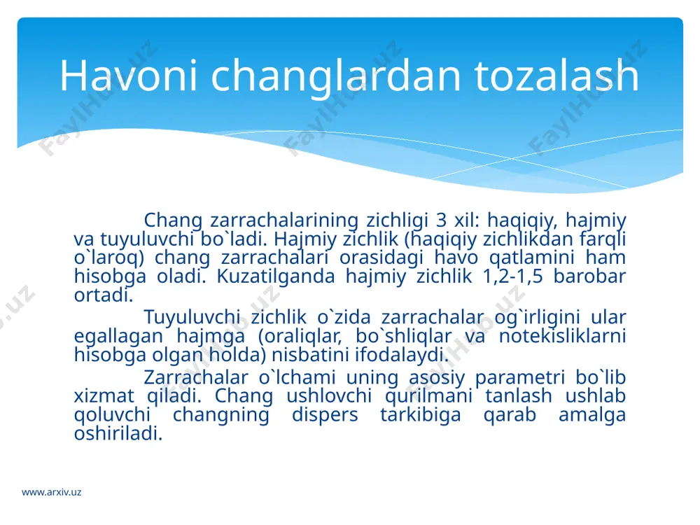 iyalanadi. bunday jaraen zarbali ionizatsiya deb nomlanadi. gaz tulik, ionizatsiyaga uchraganda, elektrodlar orasida elektr razryadi paydo bulishi uchun sharoitlar yaratiladi. www.arxiv.uz manfiy ion va erkin elektronlar chuktiruvchi elektrod tomon yunaladi. yul-yulakay chang va tomchilar bilan tuknashib, ularga uz zaryadi ni utkazadi va chuktiruvchi elektrod tomon olib ketadi. natijada chang yoki tuman zarrachalari shu elektrodda chukadi. gazdagi chang zarrachalarining asosiy kismi manfiy zaryadlanadi, chunki musbat ionlarga karaganda xarakatchan manfiy elektron va ionlar chuktiruvchi elektrodga etguncha katta masofani bosib utadi. shuning uchun xam, gazdagi zarrachalar bilan ularning tuktdashish extimoli katta. fakat "tojli" elektrod atrofidagi musbat zaryadlangan ionlar bilan tuknashganda, chang yoki tuman zarrachalarining kichik bir kismi "tojli" elektrodda chukadi. manfiy zaryadlangan ionlar, chang yoki tuman zarrachalari chuktiruvchi elektrodga etganda, unga uz zaryadini beradi va ogirlik kuchi ta`sirida chukadi. bunday chuktirish jarayoni elektrofil`trda olib boriladi. www.arxiv.uz oddiy elektrofil`tr - ikkita elektroddan iborat bulib, bittasi -anod- truba yoki plastina, ikkinchiei esa - katod - …