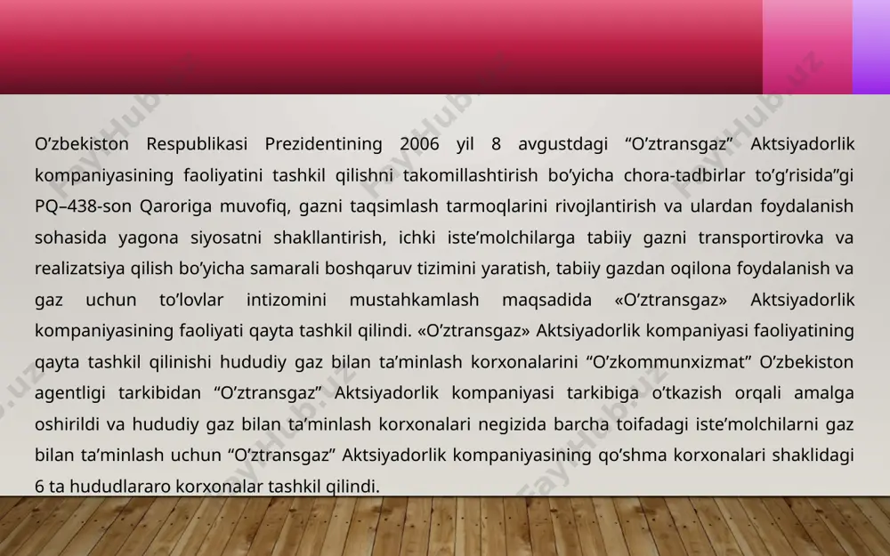 iqarish) narxini belgilash; aksiyadorlar umumiy yig‘ilishining reglamentini tasdiqlash; aksiyalarni maydalash va yiriklashtirish; jamiyatning ijroiya organiga to‘lanadigan haq va (yoki) kompensatsiyalarni, shuningdek ularning eng yuqori miqdorlarini belgilash; qonunchilikda nazarda tutilgan hollarda jamiyat tomonidan bitimlar tuzish to‘g‘risida qaror qabul qilish; “o‘ztransgaz” aj aksiyalari bo‘yicha hisoblangan dividendlar to‘lovlari to‘g‘risida ma’lumot aksiyadorlik jamiyati isin дона номинал (uzs) охирги сотилган нархи устав капитали(uzs) савдо қунидаги нархи (uzs) дата последней сделки бозор капитализацияси(uzs) оддий акция uz7043380003 utga 622 631 949 1 000 30000.0 625 777 072 000 30000.0 17.04.2025 18 700 974 299 548.77 привилегированная акция uz704338k011 utgap 3 145 123 1 000 6 999.99 6999.99 18.04.2025 компания ҳақида маълумот ipo “o‘ztransgaz” aj aksiyalarini fond birjasida ipo/spo joylashtirish bo‘yicha ishlar olib borilmoqda ipo vazirlar mahkamasining 2022-yil 15-avgustdagi “davlat ishtirokidagi yirik korxonalar aktsiyalarini fond birjasida birlamchi va ikkilamchi ommaviy joylashtirish to‘g‘risida”gi 446-son qarori bilan 2022/2023-yillarda davlat ishtirokidagi yirik korxonalar aksiyalarini fond birjasida birlamchi (ipo) va ikkilamchi ommaviy …