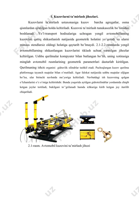 ini yaratadi. 2.4- rasm. eisemann va forward fwm-200 pro mod. payvandlash apparatlari payvandlash karbonat angidridli himoyali muhitda yarim avtomatik elektryoyli qurilmalarda bajariladi. kuzov panellari va o’zaklarining yorilgan va uzilgan joylari ham shu elektryoyli payvandlash usuli yordamida ulanadi. kesishda esa avtogen usuli bilan bir qatorda pnevmatik yuritmali aylanma kesgichlar qo’llanadi. kuzov detallarini birini-biriga ulashda kontakt nuqtali elektr payvandlash usullari ham qo’llanadi. тo’’grilangan va ulangan kuzovning payvandlash choklari shlakdan tozalanadi va maxsus asboblar yordamida tekislanadi. kuzovni bukilishi va o’qlarini bir-biriga nisbatan o’zgarishi almashinuvchi kallakli gidravlik domkratlar yordamida to’’grilanadi. avariyaga uchragan yengil avtomobil kuzovlarini ta’mirlashda uning barcha o’lchamlarini tekshiradigan va me’yorga keltiradigan maxsus moslamalardan foydalaniladi. unda kuzov tayanchga o’rnatiladi va har bir nuqta bo’yicha tashqi o’lchamlar tekshirilib ko’riladi. darzlar va yoriqlar elektr va gaz payvandlash usuli bilan yamaladi. payvandlangan joylar elektr charxi, pnevmatik jilvirlash uskunasi va jalvir qo’gozi yordamida silliqlanadi va keyin shpaklevka qilinadi. 2.5-rasm. gedore 5013 va gedore 5014mod. pnevmatik jilvirlash uskunalari. …