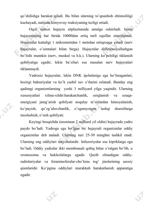 da organic birikmalarni (ko`mir , torf) – ulkan energetik zahiralarni hosil qildi. dunyo okeanida hayotning rivojlanishi esa cho`kma tog` jinslarining hosil bo`lishiga olib keldiki , ular skeletlar va dengiz organizmlarining boshqa qoldiqlaridan tarkib tapgandir . jonli tizmlarninng hususiyatlariga quyidagilar kiradi : ixchamlik 5x10’’ 15 g dnk , ya`ni kitning urug`lantirilgan tixum xujayrasida 5x 10~7urug`likdagi (massa 22 barobarga ortadi) , hayvonning butun belgilari to`g`risidagi axbarot jamlangandir . molekulalarning tartibsiz issiqlik harakatidan tartib yaratish qobiliyati va bu bilan entropiya o`sishiga qarshilik ko`rsatildi . jonli organizmlar manfiy entropiyani istemol qiladilar . agarda jonli modda qanchalik murakkab qurilgan bo`lsa unda yashirin energiya va entropiya shunchalik ko`pdir . atrof muhit bilan modda energiya va axborot almashish . jonli organizmlar tashqaridan olingan moddalarni assimilyasiya qilish qobilyatiga ega bo`lib , ularni shahsiy maddiy tuzilmalariga muofiq holda qayta tuzadi va buning hisobiga ularni ko`p marotaba ishlab choqaradi . metobolik funksiyalarda teskari aloqa tugunlari katta ahamiyat kasb etib , …