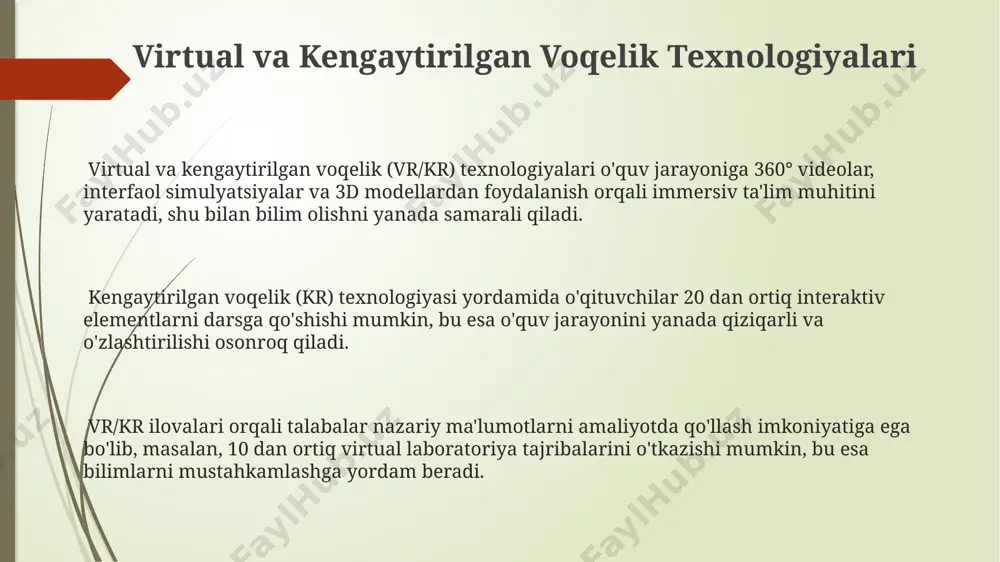 sion texnologiyalarni ta'limda qo'llash o'quv platformalarida sun'iy intellekt asosidagi shaxsiylashtirilgan ta'lim 20% gacha o'quv natijalarini yaxshilaydi va individual yondashuvni ta'minlaydi. innovatsion texnologiyalar, masalan, virtual va qo'shilgan reallik, o'quv jarayonini 3d modellashtirish orqali boyitadi va o'quvchilarning 70% gacha faol ishtirokini ta'minlaydi. interfaol o'yinlar va simulyatsiyalar, o'quv jarayonini qiziqarli va samarali qilib, 50% gacha xotirada saqlanish koeffitsiyentini oshiradi. e'tiboringiz uchun rahmat @taqdimot_robot
