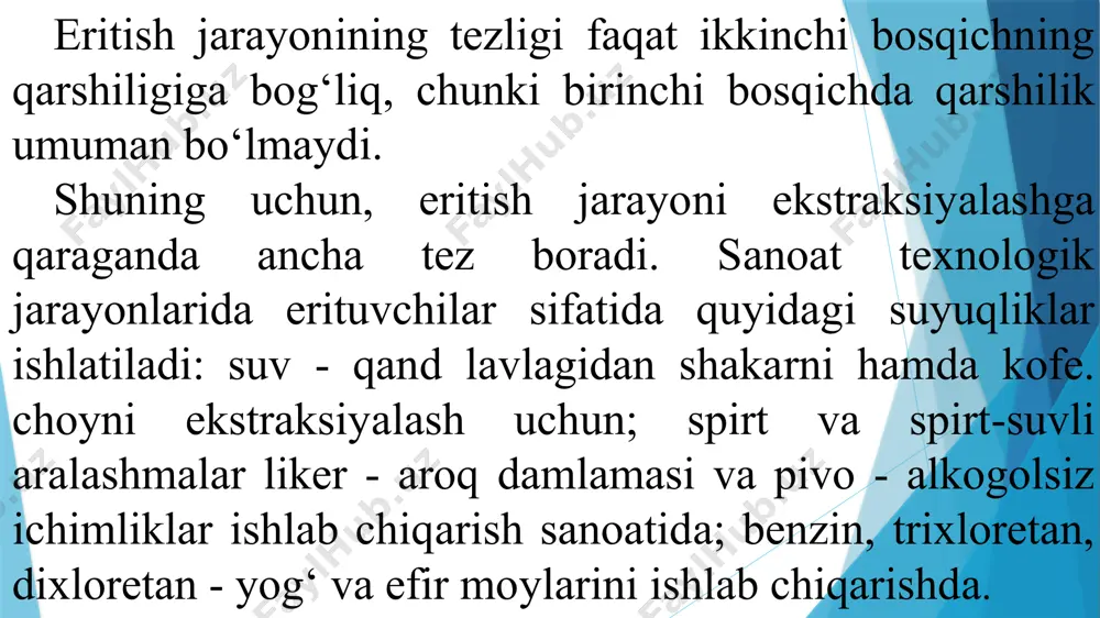 u eritkich deb ataladi. ekstraktor va eritkichlarga qo‘yiladigan talablar quyidagilardan iborat: - qurilma hajmi birligiga to‘g‘ri kelgan ekstraktning miqdori, ya’ni solishtirma ish unumdorligi katta bo‘lishi zarur: hosil bo‘layotgan eritma konsentratsiyasi iloji boricha yuqori bo‘lishi kerak; - energiya sarfi kam bo‘lishi zarur. perkolator - bu davriy ishlaydigan, qo‘zg‘almas qatlamli ekstraktor. u konussimon tubli va yassi qopqoqli silindrik qurilma bo‘lib, tubida teshikli panjara o‘rnatilgan. ushbu panjaraga tepa lyukdan maydalangan qattiq material qatlarni yuklanadi. ishqorlab ajratish jarayoni tugagandan so’ng, material pastki ko‘tarma lyukdan chiqarib yuboriladi. perkolatorlar ketma-ket ulanib batareyalar hosil qilinadi. batareyaga ulanadigan perkolatorlar soni 4 ta dan 15 ta gacha bo‘lishi mumkin. erituvchi perkolatorning past qismidan yuqoriga nasos yordamida haydaladi. batareyalarda oqimlar yo‘nalishi har doim qarama-qarshi bo‘ladi. istalgan perkolatorda ajratish darajasi belgilangan darajaga yetishi bilan ishlatib bo‘lingan materialni to‘kish uchun batareya o‘chiriladi va yangi xomashyo yuklanadi. odatda, qurilmadan material bosim ostida to‘kiladi. uzluksiz ishlaydigan diffuzion qurilmalar kimyo, tog‘ - kon, oziq - …