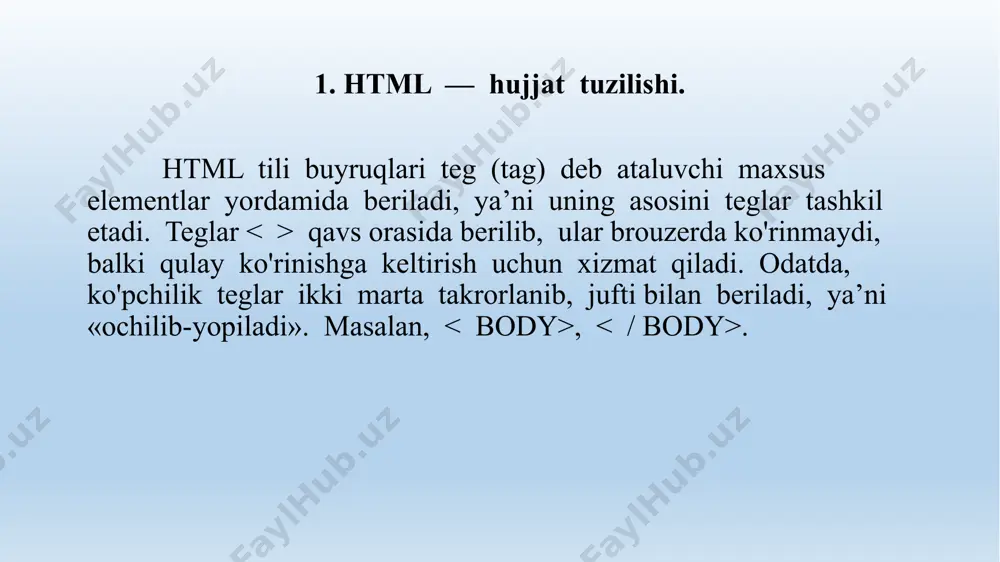 link — gipermurojaatli matn rangi. masalan: • vlink — gipermurojaatli matn tanlangandan keyingi rangi; masalan: • alink — joriy gipermurojaat rangi, kursor yordamida tanlangan paytda shu rang ko'rinadi. masalan: 7. br satrni avtomatik bo'lib, keyingi satrga o'tkazish. 8. dd matn chap chegara bo'yicha tekislanadi. ta’riflar ro'yxati (dl) ichida ishlatiladi. masalan: birinchi pog'ona ikkinchi pog'ona 9. dl ... — ta’riflar ro'yxatini ko'rsatadi. ichida teg orqali aniqlanayotgan termin, teg bilan esa termin ta’rifi beriladi. masalan: termin termin ta’rifi 10. embed sahifadagi bajariluvchi obyektlar uchun zarur bo'lgan vositalar joylashgan joyni ko'rsatish yoki avtomatik bajariladigan qilish. masalan: flash, vrml, quicktime, adobe acrobat va boshqa vositalar orqali. scr — orqali obyekt (fayl) ning joylashgan joyi yo'lini ko'rsatish. 11. font ... — shrift parametrlarini ko'rsatadi. atributlari: • size — matn o'lchamini ko'rsatish; • color — matn rangini ko'rsatish; • face — shrift nomini ko'rsatish, shuningdek bir nechta shriftni ham o'rnatish mumkin. masalan: qizil rang, o'lchami uch …