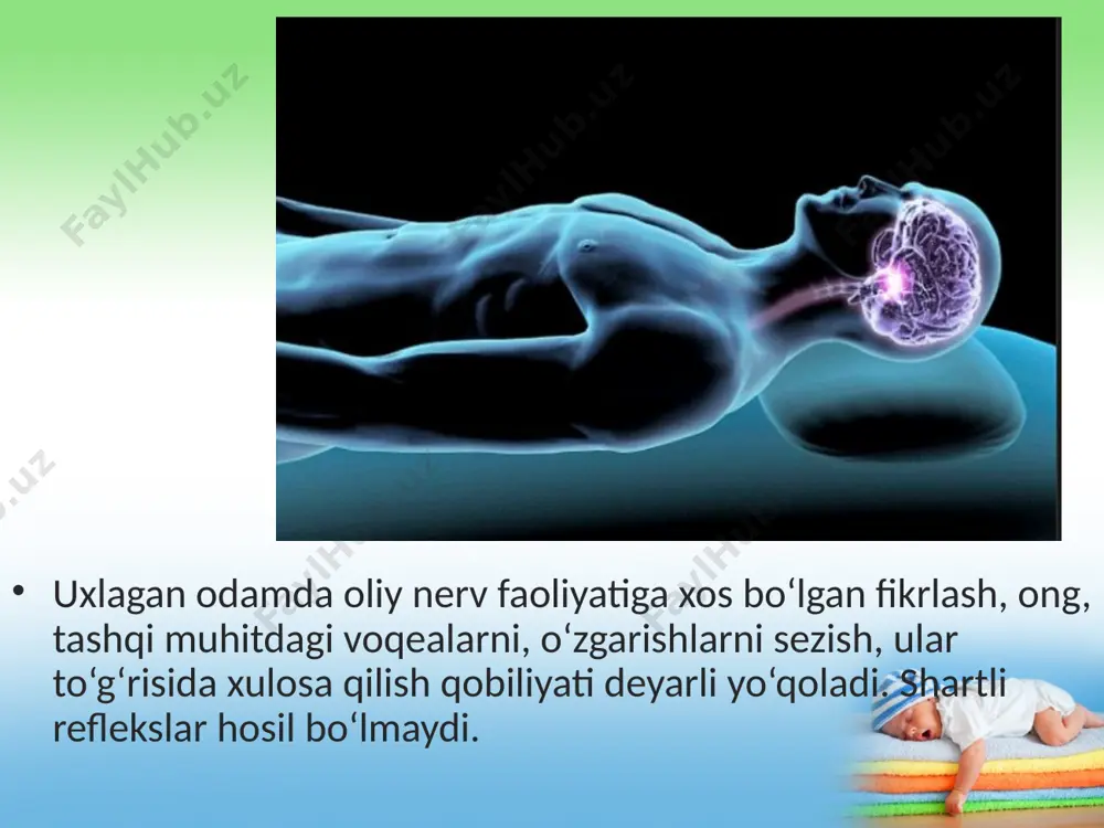 lab qola olmaydi, lekin ular bosh miya hujayralarida iz qoldiradi. bu izlar uyqu vaqtida tiklanib tushga kiradi. savol va topshiriqlar uyquning fiziologik mohiyatini tushuntiring. uyquning qanday turlarini bilasiz? tush ko‘rish qanday sodir bo‘ladi? uyqusizlik qanday oqibatlarga olib keladi? image2.jpeg image3.jpeg image4.jpeg image5.gif image6.jpeg image7.gif image8.jpeg image9.jpeg image10.gif image11.jpeg image1.jpeg