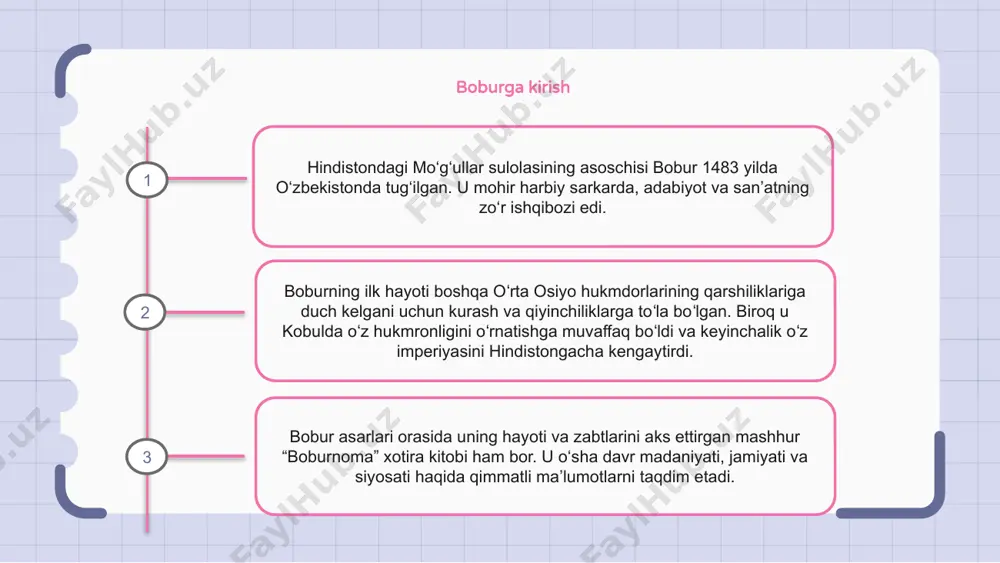 ning taxtga chiqishi bobur hayoti va ijodi - boburning taxtga chiqishi. boburning taxtga o‘tirishi o‘rta osiyo tarixida yangi davrni boshlab berdi. mo‘g‘ullar imperiyasining asoschisi sifatida bobur hindiston kelajagini shakllantirishda hal qiluvchi rol o‘ynadi. boburning hokimiyat uchun kurashi mo‘g‘ullar imperiyasining asoschisi bobur 1483-yilda hozirgi o‘zbekiston hududida temuriylar sulolasida tug‘ilgan. otasining vafotidan keyin bobur oʻz hukmronligi uchun koʻplab qiyinchiliklarga duch keldi, jumladan, taxtga daʼvogarlar va mahalliy qabilalarning qarshiliklari. ana shunday to‘siqlarga qaramay, bobur oxir-oqibat o‘z hokimiyatini o‘rnatdi va o‘rta osiyo va hindistondagi ulkan hududlarni bosib oldi. 1 2 3 boburning harbiy yurishlari bobur 16-asr boshlarida moʻgʻullar imperiyasiga asos solgan oʻrta osiyo bosqinchisi. u 1504 yilda kobul ustidan nazoratni qo'lga kiritdi va keyin hindistonga e'tiborini qaratdi. bobur hindistonda bir qancha harbiy yurishlar oʻtkazdi, jumladan 1526-yilda panipat jangida ibrohim lodini magʻlub etib, mugʻullar hukmronligini oʻrnatdi. boburning kobulni zabt etishi boburning hayoti va ijodi kobulni zabt etishi bilan ajralib turdi, bu uning mug‘ullar imperiyasini barpo …