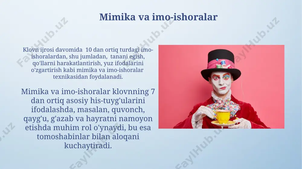 lanadi. o'ziga xoslikni namoyish etishda, klonlar obrazlarning 2-3 asosiy xususiyatini aniqlab, ularni yorqin va esda qolarli tarzda namoyish etishlari kerak. klovn san'atining zamonaviy yo'nalishlari multimedia texnologiyalarining joriy etilishi (video-proyektorlar, vr texnologiyalari) klovn shoularini yanada murakkab va vizual jihatdan jozibador qilib o'zgartirdi. "klovn terapiyasi" kabi yangi yo'nalish stressni kamaytirishda va ruhiy salomatlikni yaxshilashda 70% gacha samaradorlik ko'rsatkichlariga erishdi. tomoshabin bilan aloqa muvaffaqiyatli klown ijrosi uchun tomoshabinlarning yoshi, soni va madaniy kelib chiqishi kabi demografik omillarni hisobga olish 50% muvaffaqiyatni kafolatlaydi. tomoshabinlar bilan 2-3 daqiqalik interaktiv o‘yinlar orqali yaqin aloqani o‘rnatish, ularning hissiy ishtiroki va kulgi reaktsiyasini kuchaytirish mumkin. e'tiboringiz uchun rahmat @taqdimot_robot image4.png image5.jpg image6.jpg image7.jpg image8.jpg image9.jpg image10.jpg image11.jpg image12.jpg image13.jpg image14.jpg image15.jpg image16.jpg image17.jpg image18.jpg image19.jpg image20.jpg image21.jpg image3.jpeg