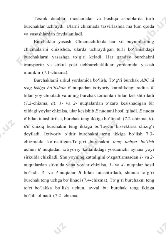 ik deyiladi. chizmalarda qiyalik ikki sonning bir-biriga nisbati ko‘rinishida yoziladi. qiyalikni aniqlovchi sonlar oldiga „qiyalik“ so‘zi yoki „f“ shartli belgi qo‘yiladi. qiyalik burchagi to‘g‘ri burchakli uchburchak katetlari bc va ab ning nisbatiga teng (7.7-chizma) misol. 1:5 nisbatdagi qiyalik yasalsin. buning uchun katetlarining nisbatlari 1:5 bo‘lgan to‘g‘ri burchakli uchburchak yasaladi. bu yerda vertikal kateti bir bo‘lakka, ya’ni 10 mm ga, gorizontal kateti besh bo‘lakka, ya’ni 50 mm qilib olinadi (7.7-chizma, b). 7.7-chizma, d da 10% (foizli) qiyalikka misol keltirilgan. konuslik. gaz jo‘mragi tiqinining konusliligi ikkala asos diametrlari ayir- masining ular orasidagi masofaga bo‘lgan nisbatiga teng. (7.8-chizma). bu yerda qiyalik konuslikning yarmiga teng bo‘ladi. chizmalarda konuslik qiymatini belgilovchi sonlar oldiga „konuslik“ so‘zi yoki „ “ belgisi qo‘yiladi. konuslik belgisining o‘tkir burchagi (uchi) konus uchi tomonga qaratib chiziladi. diametri d va uzunligi l bilan belgilangan konusning konusliligi tenglama bo‘yicha aniqlanadi (7.9-chizma, a). kesik konusning konuslili k bilan aniqlanadi (7.9-chizma, b). muntazam ko‘pburchaklar uch …