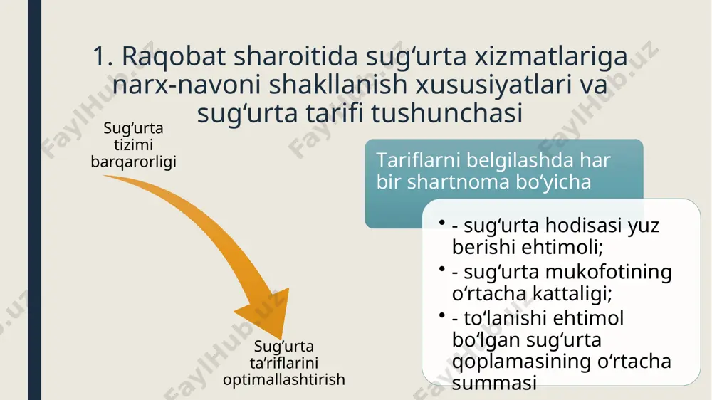 uyidagi shartlarga rioya etilishi lozim: aktuar xizmatlarini ko‘rsatish uchun aktuar tashkilotni jalb etayotgan sug‘urtalovchi ushbu aktuar tashkilotning mulkdori, muassisi (aksiyadori) bo‘lmasligi lozim; sug‘urtalovchiga aktuar xizmatlarini bevosita ko‘rsatuvchi aktuariy ushbu sug‘urtalovchining xodimi bo‘lmasligi yoki ushbu sug‘urtalovchining mulkdori, muassisi (aksiyadori), rahbari bilan yaqin qarindosh (ota-ona, er-xotin, aka-ukalar, opa-singillar va bolalar, shuningdek erning-xotinning ota-onasi, aka-ukalari va opa-singillari) bo‘lmasligi lozim. confirmation: ta’riflarni belgilashda qaysi omillarni hisobga olinadi? sug’urta ta’rifi hisob kitoblari qanday amalga oshiriladi? sug’urta ta’rif stavkasining tarkibi nimadan iboratdir? sug’urta ta’rifi noto’g’ri ko’rsatilishi nimalarga olib kelishi mumkin? aktuar hisob kitoblar qaysi nazariyalarga asoslanishi mumkin? foydalanilgan adabiyotlar: 1. sug’urta ishi. x.m.mennayev; i.k.ochilov, s.e.shirinov; i.g’.kenjayev 2. sug’urta nazariyasi va amaliyoti. i.x.abduraxmonov, m.a.abduraimova, n.a.abdullayeva image1.png image2.png image3.png image4.png image5.png image6.png image7.png image8.png image9.png image10.png image11.png /docprops/thumbnail.jpeg