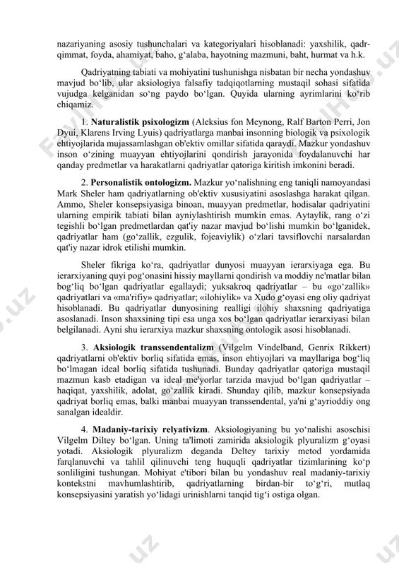 ida jihatini namoyon etadi. ular inson faoliyati, jamiyat va madaniyatning o‘ziga xos xususiyatlarini yanada teranroq anglab yetish imkonini beradi. qadriyatlar inson va jamiyat hayotida muhim o‘rin egallaydi, chunki insonning hayot tarzini, uning hayvonot dunyosidan ajralish darajasini aynan qadriyatlar tavsiflaydi. qadriyatlar shaxsning hayot faoliyatida fundamental ahamiyat kasb etadi. qadriyatlar odamlarni jipslashtirish, ularni hamjamiyatlarga birlashtirishning muhim omili hisoblanadi. umumiy qadriyatlarning mavjudligi fuqarolar, ijtimoiy birliklar va guruhlarning tinch-totuvligini ta'minlaydi. qadriyatlar muammosi jamiyat rivojlanishining o‘tish davrlarida, tub ijtimoiy o‘zgarishlar jamiyatda mavjud bo‘lgan qadriyatlar tizimlarida o‘zgarishlar yasab, odamlarni yo o‘zlari ko‘nikkan eski qadriyatlarni saqlash, yo turli partiyalar, jamoat birlashmalari, diniy tashkilotlar, harakatlarning vakillari tomonidan taklif qilinayotgan, hatto majburiy tarqatilayotgan yangi qadriyatlarga moslashishga majbur etuvchi davrlarda alohida ahamiyat kasb etadi. qadriyatlar va mo‘ljallarni yo‘qotish yoki vujudga kelgan qadriyatlar tizimidan voz kechish esa muqarrar tarzda jamiyatning tanazzulga yuz tutishi va parchalanishiga olib keladi. qadriyatlar – madaniyatning tizim yaratuvchi muhim omili. qadriyatlar mazmuniga qarab butun jamiyat haqida hukm …