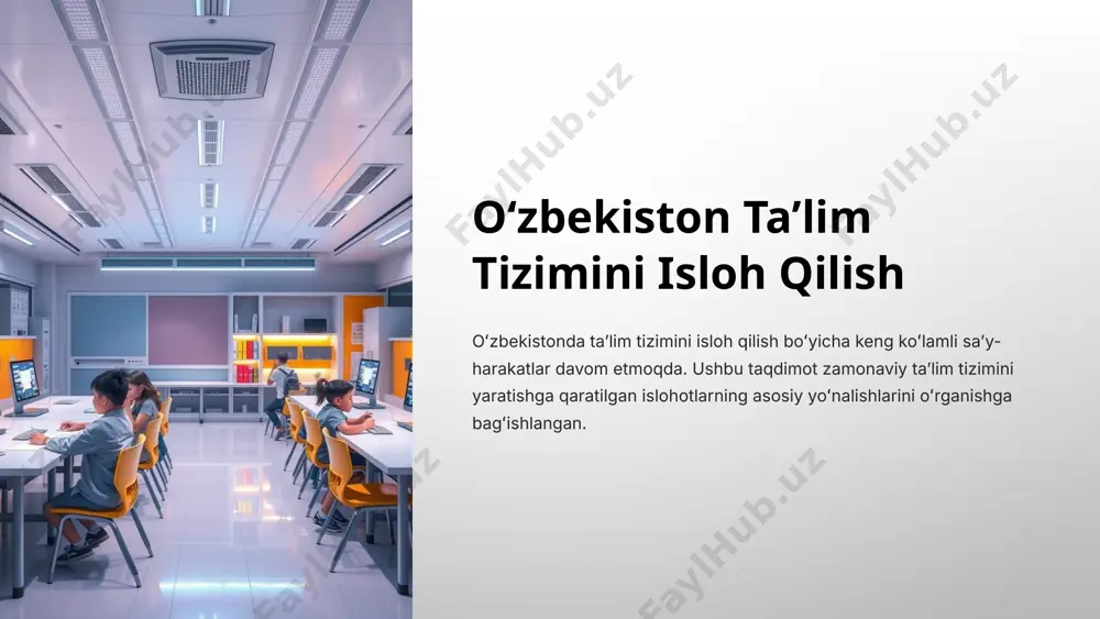 rivojlantirish 1 bolalar bogʻchalari tarmogʻini kengaytirish bolalar bogʻchalari tarmogʻini kengaytirish va ularning sifatini oshirish. 2 oʻqituvchilar malakasini oshirish maktabgacha taʼlim muassasalari oʻqituvchilarining malakasini oshirish. 3 dasturlarni modernizatsiya qilish zamonaviy talablarga javob beradigan maktabgacha taʼlim dasturlarini ishlab chiqish. 7 kasbiy taʼlimni takomillashtirish kasb-hunar kollejlari tarmogʻini kengaytirish zamonaviy kasb-hunar kollejlarini yaratish va ularning moddiy-texnik bazasini mustahkamlash. taʼlim dasturlarini modernizatsiya qilish zamonaviy talablarga javob beradigan kasb-hunar taʼlimi dasturlarini ishlab chiqish. ishga joylashishni qoʻllab-quvvatlash bitiruvchilarni ishga joylashtirishni qoʻllab-quvvatlash va ularga kasbiy yoʻnalish tanlashda yordam berish. 8 raqamli taʼlim texnologiyalarini joriy etish 1 oʻquv platformalarini joriy etish onlayn oʻquv platformalarini joriy etish va ularni oʻquv jarayoniga integratsiya qilish. 2 elektron kutubxonalarni rivojlantirish elektron kutubxonalarni rivojlantirish va ularga kirishni kengaytirish. 3 oʻqituvchilarni tayyorlash oʻqituvchilarni raqamli taʼlim texnologiyalaridan foydalanishga oʻrgatish. 9 xalqaro hamkorlikni kengaytirish 1 xalqaro tajriba almashinuvi xalqaro hamkorlik dasturlarini amalga oshirish va tajriba almashish. 2 grantlar va moliyalashtirish xalqaro tashkilotlardan taʼlim sohasini rivojlantirish uchun grantlar …