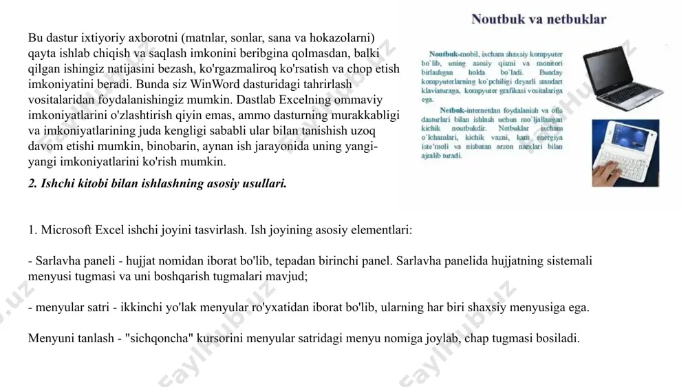 asini bosish bilan amalga oshiriladi; - formatlash uskunalari paneli - bunda o'lchamni belgilovchi shrift stilini o'zgartiruvchi, shrift turini tanlash imkonini beruvchi uskunalar tugmalaridan tashkil topgan. panellar sonini o'zgartirish mumkinligini eslatib o'ting: -formulalar satri - ekranda ajratib olingan katakchada mavjud ma'lumotni chiqarish; - hujjatning ishchi varag'i - ustun va satrlarga biriktirilgan katakchalar to'plami; - hujjat varaqlarining qismlarini ishchi varaqlar orasiga ko'chirish; - satr va ustunlar sarlavhasi - ishchi varaqlarining ajratilgan ustun va satrlari sarlavhasini chiqaradi; - vaziyat paneli - ekranning eng pastki yo'lagi bo'lib, joriy joyni ko'rsatib turadi, bundan tashqari biror menyu yoki buyruq tanlanganda, vaziyat qatorida bu buyruq yoki menyu nima ish bajarayotgani haqida ma'lumot hosil bo'ladi. shu bilan birgalikda, ish joyida vertikal yo'laklar mavjud bo'lib, ishchi varag'i ustida siljitish uchun hizmat qiladi. bu yo'lakda "yugurdak" joylashtirilgan, vertikal yo'lakda u hujjatning yuqori - pastki qismiga ko'chirish va ishchi varag'ining qaysi qismida ishlab turganingizni aniqlash uchun xizmat qiladi. microsoft excel fayli …