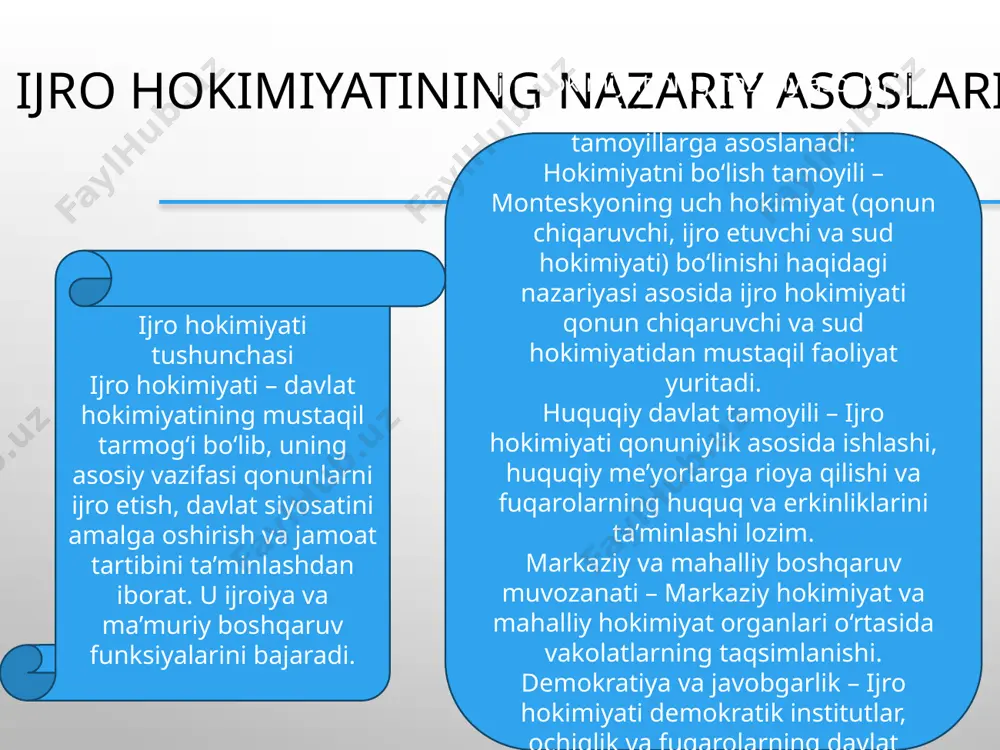 ‘risidagi xalqaro pakt.korrupsiyaga qarshi konvensiyalar – masalan, bmtning korrupsiyaga qarshi konvensiyasi.xalqaro iqtisodiy shartnomalar – jahon savdo tashkiloti (wto), yevroosiyo iqtisodiy ittifoqi (eaeu) va boshqa xalqaro tuzilmalar doirasidagi kelishuvlar. 5. mahalliy hokimiyat va o‘zini o‘zi boshqarish organlarining huquqiy asoslariijro hokimiyatining tarkibiy qismi sifatida mahalliy hokimiyat organlari (hokimiyatlar) va fuqarolarning o‘zini o‘zi boshqarish organlari (mahallalar) ham huquqiy asosga ega.“mahalliy davlat hokimiyati to‘g‘risida”gi qonun – hokimlarning vakolatlari va majburiyatlarini belgilaydi.“fuqarolar o‘zini o‘zi boshqarish organlari to‘g‘risida”gi qonun – mahallalarning huquqlari va majburiyatlarini tartibga soladi. ijro hokimyatining tashkiliy tuzilmasi ijro hokimiyatining tashkiliy tuzilmasi davlat boshqaruvining samarali ishlashini ta’minlovchi organlar tizimidan iborat. u mamlakatning siyosiy boshqaruv shakliga qarab farqlanadi. umuman olganda, ijro hokimiyati markaziy (milliy) va mahalliy (hududiy) organlar tarkibidan iborat bo‘ladi. 1.oliy ijro hokimiyati organiijro hokimiyatining eng yuqori organi mamlakatning boshqaruv shakliga bog‘liq:prezidentlik respublikalarida – prezident ijro hokimiyatining rahbari hisoblanadi (masalan, o‘zbekiston, aqsh).parlament respublikalarida – bosh vazir ijro hokimiyatining rahbari bo‘lib, parlament oldida javobgar bo‘ladi …