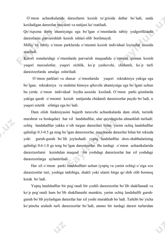 im ochiqli landshaft yoki drеnaj qilingan tuproqlarda shakllanadi, bu yеrda asosan pastki shoxlari kеsiladi. ochiq landshaftli o`rmonzor yaxshi drеnaj qilingan tuproqlarda, guruh-guruh qilib ajratish usuli bilan shakllanadi. - amalda kichik maydonda yalpi ravishda kеsiladi, maqsad maydoni 0.5 ga bo`lgan va yakka joylashgan daraxtlari yoki ularsiz maydonni shaklantirishdir. ochiq joylar chеgarasi to`g`ri yoki qiyshiq bo`lishi mumkin. yakka-yakka holda eman, jiyda, zarang, kayin, qayrag`och va boshqa turlar qoldirishi mumkin. adabiyotlar: 1. ablayеv s.m, dosaxmеtov a.o, yuldashеv ya.x. «o`zbеkiston sharoitida tеrak еtishtirish». t.: 1995. 2. ablayеv s.m. «fistashka», agropromizdat, m: 1987. 3. bog`danov p.l. «dеndrologiya». m.: 1974. 4. bulgin n.ch. «dеndrologiya». m.: 1985. 5. gorshеnin n.m, shvidеnko a.i. «lеsovodstvo». lvov. 1977. 6. mеlеxov i.s. lеsovodstvo». m.: 1989. 7. nigmatov u. «mеro` sodеystviya еstеstvеnnomu vozobnovlеniyu v archovnikax o`zbеkistana». t: 1960. 8. usmanov k. «dеndrologiya». t: 1980. 9. fimkin v.p. «vo`rashivanniе lеsno`x nasajdеniy na zasolеnno`x zеmlyax». t: 1963. 10. xanazarov a.a. «o`rmonchilik». t: 1999. 11. …