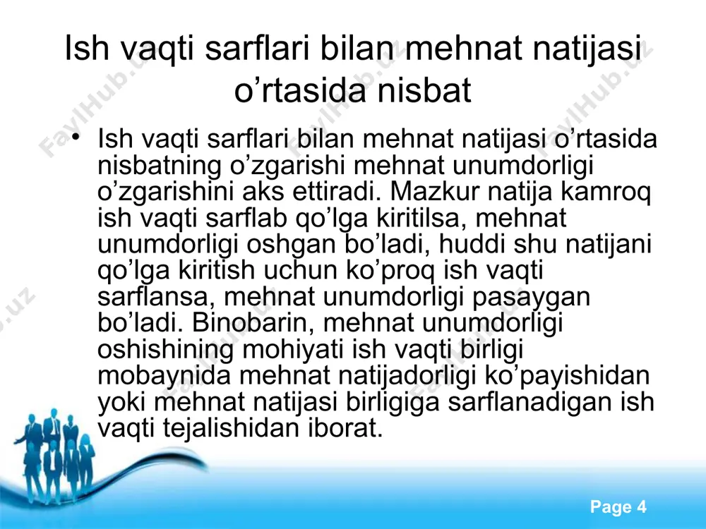 ichida mahsulotni ishlab chiqarish uchun ketgan ish vaqti sarf (bir dona mahsulotning mehnat sarfi) umumiy o’lchov birligi bo’lib hisoblanadi qiymat usuli mehnat unumdorlikini aniqlashda keng qo’llaniladigan asosiy usullardan biri hisoblanadi. bu usul bo’yicha korxonada ishlab chiqarilayotgan barcha turdagi mahsulotlar xajmi qiymat ko’rsatkichi (ulgurji baho, normativ sof mahsulot) ifodalanadi. bu esa ishlab chiqarilayotgan mahsulotning miqdorigina emas, balki uning sifatiga xos o’zgarishlarni hisobga olish imkonini beradi. free powerpoint templates page * кorxona, tarmoq va umuman xalq xo’jaligida ishlab chiqarishni sifat va miqdor jihatdan yuksaltirishda foydalanishi mumkin bo’lgan texnikaviy, texnologik, tashkiliy va ijtimoiy-iqtisodiy ko’rsatkichlarning o’rni salmoqlidir. free powerpoint templates page * bu kursatkichlarning imkoniyatlari avvalo ishlab chiqarishda jonli va buyumlashtirilgan mehnat sarfini qisqartirishdan iboratdir. moddiy ne’mat ishlab chikarishni ish kuchini kupaytirish hamda uning unumdorligini oshirish evaziga ham rivojlantirish mumkin. ijtimoiy mehnat sarfini tejashni ta’minlovchi barcha tashkiliy-texnikaviy tadbirlar ishlab chiqarish imkoniyatlardan foydalanish jarayonlaridir. bunda texnika taraqqiyoti ijtimoiy mehnat unumdorligini oshirish jarayoni sifatida namoyon bo’ladi, …
