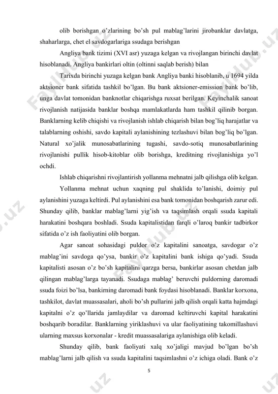 mad bank jalb qilgan resurslarga yo’llaydigan foiz bilan joylashtirgan resurslari bo’yicha oladigan foiz o’rtasidagi farqdan iborat bo’ladi. 2. markaziy bankni faoliyatining asoslari, maqsad va vazifalari bozor iqtisodi sharoitida markaziy bankning asosiy maqsadi - pul-kredit tizimi va valyuta barqarorligini ta’minlash asosida - iqtisodiy o’sishga erishishdan iborat. hozirgi o’zbekiston respublikasi banki 2015 yil 21 dekabrda qabul qilingan «o’zbekiston respublikasi markaziy banki to’g’risida»gi qonun asosida faoliyat ko’rsatmoqda. markaziy bank huquqiy shaxs sifatida davlat mulkiga asoslangan bo’lib, iqtisodiy jihatdan mustaqil muassasa sifatida xarajatlarni o’z daromadlari hisobidan qoplashi kerak. o’zbekistonda zamonaviy bank tizimi 2-bosqichli usulda tashkil etilgan: markaziy bank va tijorat banklari. markaziy bank keng tarmoqli tijorat banklari o’rtasidagi sog’lom raqobat ko’rashidagi nazoratchi vazifasini bajaradi. respublika markaziy banki o’z miqyosi va faoliyat doirasiga ko’ra respublikamizdagi eng yirik bank hisoblanadi. markaziy bankning asosiy maqsadi milliy valyutaning barqarorligini ta’minlashdan iborat va monetar siyosatni hamda valyutani tartibga solish sohasidagi siyosatni shakillantirishdan iborat. markaziy bankning asosiy funktsiyalari quyidagilardan iborat: …