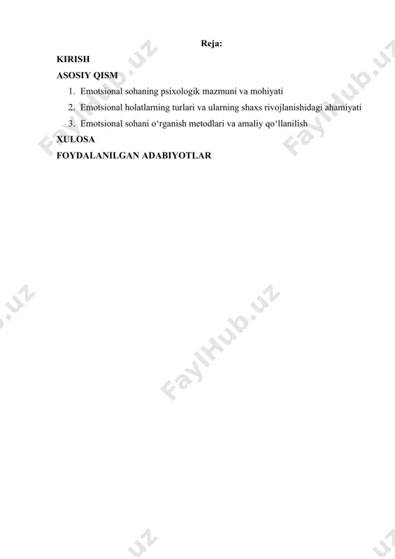 yatini rivojlantirish bevosita emotsional sohani chuqur o‘rganishni talab qiladi. asosiy qism 1. emotsional sohaning psixologik mazmuni va mohiyati emotsional soha inson psixikasining eng muhim tarkibiy qismi bo‘lib, u shaxsning his-tuyg‘ulari, kayfiyatlari, affektlari va hissiyotlarini qamrab oladi. emotsiyalar insonning tashqi muhitdagi hodisalarga va ichki kechinmalarga bo‘lgan munosabatini ifodalovchi subyektiv holat sifatida namoyon bo‘ladi. inson qandaydir voqea, hodisa yoki vaziyatga duch kelganda, u avvalo unga nisbatan emotsional reaksiya bildiradi. shu ma’noda emotsiyalarni shaxsning ichki dunyosini aks ettiruvchi oynaga o‘xshatish mumkin. psixologiyada emotsiyalar inson faoliyatini boshqaruvchi va yo‘naltiruvchi muhim mexanizmlar sifatida qaraladi, chunki ular ehtiyojlar va motivlar bilan chambarchas bog‘langan. masalan, qoniqish yoki quvonch hissi ehtiyojning bajarilganini bildirsa, tashvish va qo‘rquv hissi ehtiyojni qondirish jarayonida xavf tug‘ilganidan darak beradi. shu sababli emotsiyalar shaxsning faoliyatini kuchaytirishi yoki sekinlashtirishi mumkin. emotsiyalar inson hayotida bir nechta vazifalarni bajaradi. ularning eng asosiylaridan biri baholash vazifasidir. ya’ni emotsiya orqali inson voqea-hodisani ijobiy yoki salbiy tarzda baholaydi. masalan, yaxshi …