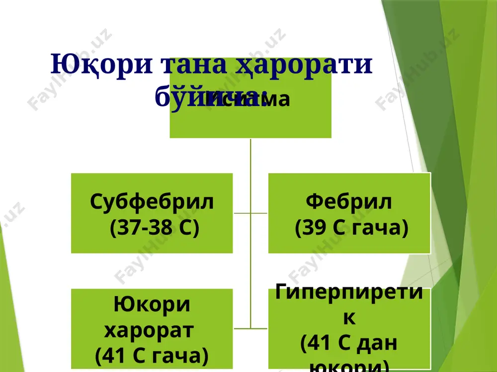 gan buyumlardan sog‘lom odamlarga kontakt yo‘li bilan yuqishi. transmissiv yuqish. transmissiv yuqishda kasallik qo‘zg‘atuvchilari bemor qonidan sog‘lom odam qoniga bevosita qon so‘ruvchi hasharotlar (spetsifik infeksiya tashuvchilar) orqali tushadi. qon so‘ruvchi hasharotlar bemor odam yoki hayvon qonini so‘rgandan keyin uzoq vaqtgacha yuqumli bo‘lib qoladi va sog‘lom kishilarni chaqishi natijasida ularga kasallik yuqtiradi. dezinfeksiya – bu yuqumli kasalliklar qo‘zg‘atuvchilarini atrof muhitda yo‘qotish. dezinfeksiya o‘choqli va profilaktik bo‘ladi. «dezinseksiya» so‘zi (lotincha insectum – hasharot va des – yo‘q, kor) hasharotlarni yo‘qotish, degan ma’noni anglatadi. bunda ezinfeksiyaning quyidagi usullari qo‘llaniladi. deratizatsiya (fransuzcha rat – kalamush va de – yo‘q) –kalamushlarni yo‘qotish demakdir. yuqumli kasalliklarga davriylik xos, ya’ni kasallik ma’lum davrlar almashinishi bilan kechadi. yashirin (inkubatsion), prodromal (dastlabki belgilarning paydo bo‘lishi), avj olish rekonvalessensiya (sog‘ayish) davrlari uchraydi. karantin (ital. quarantena — qirq kun), karantinlash ) tibbiyotda — oʻta xavfli yuqumli kasalliklar tarqalishini cheklashga karatilgan epidemiyaga qarshi maʼmuriy va sanitariya tadbirlari majmui. yashirin davr. bu davr …