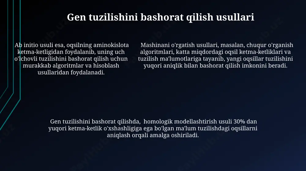sullaridan foydalaniladi. oqsil-oqsil o'zaro ta'sirini bashorat qilishda mashina o'rganish algoritmlari, masalan, chuqur neyron tarmoqlari, 80% dan yuqori aniqlik bilan natijalar bera oladi. ab initio modellashtirish ushbu usul, eksperimental ma’lumotlarsiz, faqat aminokislotalar ketma-ketligidan foydalanib, oqsilning 3d tuzilmasini taxmin qilish imkonini beradi va bu taxminlarning aniqligi 80% gacha yetishi mumkin. ab initio modellashtirishda oqsil tuzilmasini bashorat qilish uchun 3d struktura yaratishda 100 dan ortiq aminokislotalar ketma-ketligini hisobga oluvchi murakkab algoritmlar qo‘llaniladi. ab initio modellashtirishda oqsil tuzilmasini bashorat qilish uchun 3d struktura yaratishda 100 dan ortiq aminokislotalar ketma-ketligini hisobga oluvchi murakkab algoritmlar qo‘llaniladi. bioinformatika vositalari clustalw kabi ko'p ketma-ketliklarni birlashtirish dasturlari, evolyutsion munosabatlarni o'rganish va homologik proteinlarni topishda, 500 tagacha ketma-ketlikni samarali tahlil qilish imkonini beradi. bioinformatika vositalari, masalan, hhpred kabi algoritmlar, proteinlarning 3d tuzilishini taxmin qilishda 90% gacha aniqlikka erisha oladi va bu katta hajmdagi ma'lumotlarni tahlil qilish imkonini beradi. sekundar struktura prognozlash uchun psi-blast kabi vositalar, protein ketma-ketligidagi aminokislotalarni tahlil qilib, …