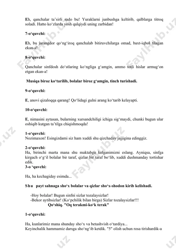 sho‘ng‘ib ketdik. "5" olish uchun rosa tirishardik-a 2-o‘quvchi: ey aytgancha, 8-sinfda nima bo‘lgani esingdami? 3-o‘quvchi: yo‘q, nimani aytayapsan? musiqa sadosi ostida sahnaga 2 ta o‘quvchi (bir qiz, bir o‘g‘il) chiqib keladi. o‘g‘il bola qo‘lidagi asbobda musiqani baralla chala boshlaydi. 2-o‘quvchi esa (qiz) rasm chizayotgan bo‘ladi.oxirida ular qo‘l ushlashib chiqib ketadilar... 4-o‘quvchi: ha, esladim! o‘g‘il bolalar va qizlar o‘rtasidagi haligi.. .haligi sevgi deganday! shuni aytayapsanmi? 5-o‘quvchi: ey, nimalar deyapsan? qanaqa sevgi-muhabbat? bu musiqa maktabi bilan nafis san’at maktabining qo‘shilishi-ku!!! 6-o‘quvchi: ha, boshida judayam yovqarash bo‘lib, o‘zimizcha edik-a!!! 7-o‘quvchi: keyinchalik birgalashib, juda ko‘p yutuqlarga erishdik, to‘g‘rimi? 8-o‘quvchi: nufuzli musobaqalarda ishtirok etib, har sohada katta yutuqlarni qo‘lga kiritdik! yutuqlar sarhisobi 1-o‘quvchi: buning barchasi - shu mustaqil vatanimizda birga yaratilgan sharoitlarning aks-sadosi! demak, biz ham jonajon vatanimizning 26 yillik mustaqillik to‘yini munosib sovg‘a bilan kutib olayotgan ekanimizda! 2-o‘quvchi: bu, albatta, quvonarli!!! shundan so‘ng konsert dasturi davomida hajviy sahna va andijon polkasi raqsi ijro etiladi. …