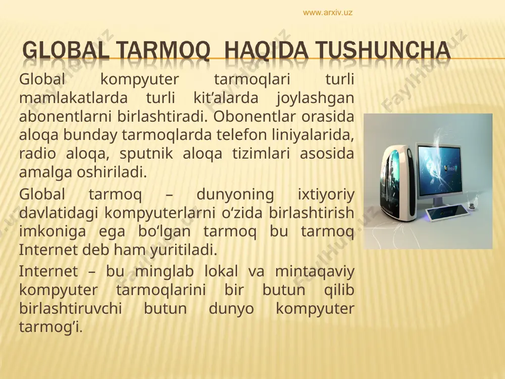 o‘zaro muloqatlarda hurmatsizlik qilishadi; bema’ni gaplar yozadilar, ba’zan noto‘g‘ri ma’lumotlardan foydalanadi; sahifalar ijtimoiy bo‘lishiga qaramasdan siyosiy muloqatlar o‘rnatadilar va hokoza. www.arxiv.uz www.arxiv.uz chat online tizimda muloqot tashkil qilish imkonini beradigan, kompyuter yoki mobil qurilma orqali suhbat tashkil qilish dasturidir. ingliz tilidan olingan bo’lib safsata ma’nosini beradi www.arxiv.uz www.arxiv.uz www.arxiv.uz www.arxiv.uz chatlar 2 xil turga bo’lish mumkin 1 – umumiy (bunda muayyan bir guruh bo’lib muloqot olib borish 2 privat (ikki kishi o’zaro aloqa olib borish) www.arxiv.uz www.arxiv.uz internet forum, yoki xabar hajmdagi, elektron yaratilgan muhokama va almashish tizimlari uchun platforma hisoblanadi. www.arxiv.uz www.arxiv.uz www.arxiv.uz www.arxiv.uz bugungi kunda smartfonning har bir baxtli egasi muloqot uchun bironta dasturni yuklab olishni o‘ziga sharaf deb hisoblaydi. ularning baxtiga tanlov ham xilma-xil: whatsapp, viber, tango, kakao talk, line va o‘nlab boshqa dasturlar. ular yordamida biz nafaqat qo‘ng‘iroqlashamiz, muloqot qilamiz, foto va video fayllar bilan bo‘lishamiz, balki yana guruhlar tuzib, statuslarimizni yozamiz. www.arxiv.uz www.arxiv.uz e’tiboringiz uchun …