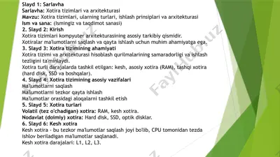 xotira tizimlari va arxitekturasi — PPTX