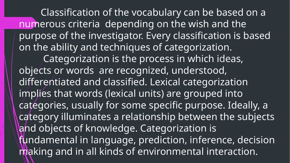 ss etc. a semantic feature is a notational method which can be used to express the existence or non-existence of semantic properties by using plus and minus signs. man is [+human], [+male], [+adult] woman is [+human], [-male], [+adult] boy is [+human], [+male], [-adult] girl is [+human], [-male], [-adult] intersecting semantic classes (synonyms, antonyms, homonyms, paronyms, etc.) share the same features. based on the criteria we can group the vocabulary units into morphologically identical classes (adjectives with –ish, -ly, etc.), or lexicogrammatical classes (verbs denoting movement), thematic groups (words referring to family life and relationship), ideographic groupings (thesaurus roget), terminological classes (seme, sememe, synonymic dominant, etc.) before we get down to the actual topic of today’s lecture, i would like to revise with you in the interactive way the semantic classes we have discussed during our previous course in lexicology and lexicography. to do this, we quickly go through the basic …