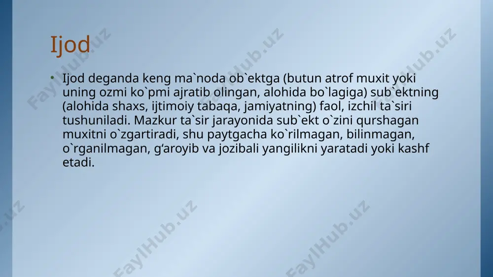 bilimlar va ko`nikmalarga, balki ijodiy qobiliyatlarga, keng xayot tajribasiga ega, o`tkir zehnli bo`lishi kerak. fanni ijodiy, faol rivojlantirish — hozirgi zamon ijtimoiy taraqqiyotining ajralmas jihatidir. dolzarb ilmiy muammolarning yechimini topishga nisbatan ijodiy, o`ziga xos yondashuv ko`pgina hozirgi zamon ilmiy tadqiqotlariga xos xususiyatdir. tanqidiy tafakkur – ilmiy izlanish, mustaqil fikr, o‘z pozitsiyasi va yondashuvi, qarashlarini dalillash va isbotlash, ijodiy axborot almashish, ijodiy munozara, bag‘rikenglik, boshqalar fikrini eshitish o‘z ilmiy natijalarini tanqidiy baholash, ilmiy muammoga shaxsiy yondashuv, muammo yechimini yaxshi tushunishga olib keladi. ilm-fan- inson faoliyatining maxsus sohasi bo`lib, uning vazifasi borliq haqida ob`ektiv bilimlarni ishlab chiqish va nazariy tazimlashtirishdan iborat. ushbu sohaga quydagilar kiradi: - ilmiy tushunchalar, tamoyil va aksiomalar, ilmiy qonunlar, nazariya va gipotezalar, empirik ilmiy faktlar, tadqiqot metodlari, usul va yo`llari shaklidagi muttasil to`ldirilib, takomillashtirilib, rivojlanib boruvchi bilimlar tizimi; - insonlarning ushbu bilimlar tizimini yaratish va rivojlantirishga yo`naltirilgan ilmiy ijodiyoti; - insonlarning ijodiyotini ilmiy mehnat obe`ktlari, ilmiy faoliyat vositalari …
