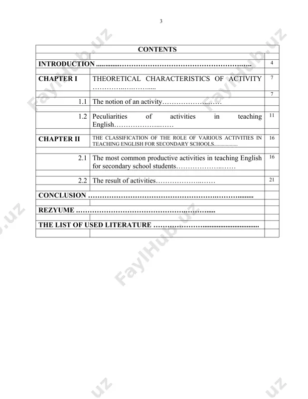 eaching english to secondary school students. the aim of the study is scientific substantiation of the effectiveness of the usage of different activities in teaching english in secondary schools. the tasks of this work are: - to reveal the concept of “activity” and to identify its main role and forms of different activities in the framework of secondary foreign language education; - to categorize the role of various activities as a means of forming and developing language skills; - consider the usage of activities in integrated learning and teaching english skills; - consider the development of students' skills through the result of activities in different methods in the learning process. the theoretical and practical values of this research are determined by studying the complex of practical activities and systematizing the theoretical aspects of several activities. the presented materials can be used by teachers in the educational process in english in …