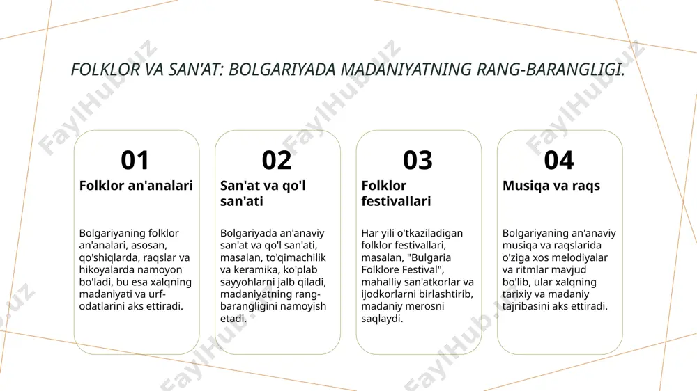 logik turizm yangi imkoniyatlar taqdim etadi, tabiatga yaqin bo'lishni xohlaydigan sayyohlar uchun qishloq joylar va milliy parklarga kirish ochiqdir. 2 milliy parklardagi yo'llar - bolgariyaning milliy parklarida joylashgan yo'llar sayyohlar uchun turli qiyinchilik darajasiga ega, bu esa har kimning qiziqishlariga mos keladi. 3 tabiatni muhofaza qilish - tabiatni muhofaza qilishga qaratilgan sa'y-harakatlar, ekologik turizmni yanada rivojlantirish va kelajak avlodlarga tabiatni saqlab qolish imkonini beradi. sayohat uchun eng mashhur joylar: bolgariyaning qulay va betakror manzaralari. sofiya shahrining markazi sofiya, bolgariyaning poytaxti, tarixi va madaniyati bilan mashhur. burjlar, muzeylar va go'zal maydonlar sayyohlar uchun qiziqarli joylar hisoblanadi. plovdivning tarixiy joylari plovdiv, bolgariyaning eng qadimiy shaharlaridan biri, rim teatri va eski shahar bilan tanilgan. madaniy tadbirlar sayyohlarni jalb qiladi. bansko va tog' sayohatlari bansko, bolgariyaning mashhur tog' kurorti, qishki sportlar va tabiat go'zalligi bilan ajralib turadi. bu joy yil davomida sayyohlar uchun jozibador. xulosa bolgariyaning madaniy merosi tabiiy go'zallik imkoniyatlari sayyohlikni rivojlantirish bolgariyaning …