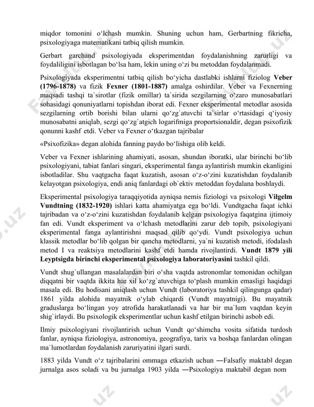 rimental psixologiya fani ham o‘zining rivojlanish tarixiga egadir. eksperimental psixologiya mustaqil fan sifatida xix asr o‘rtalarida rivojlana boshladi. psixologiyada eksperimental tadqiqotlarni qo‘llanilishi va rivojlanishi bu fanning ilmiy-amaliy asosga ega ekanligini yana bir bor ko‘rsatib berdi. mashhur ingliz olimi f.gal‘ton 1884 –1885 yillar davomida bir necha seriyalardan iborat tajribalar o‘tkazdi. bunda 5 dan 80 yoshgacha bo‘lgan hoxlovchilar arzimagan haq evaziga laboratoriyada o‘z kuchi, reaktsiya tezligi; organizmning xislatlarini 17 ko‘rsatkich bo‘yicha tekshirishlari lozim edi. bu ko‘rsatkichlar qatoriga shuningdek, bo‘yi, oq‘irlik, o‘pkaning tiriklik siq‘imi, kaft va musht kuchi, harflarni eslab qolish qobiliyati, ko‘rish o‘tkirligi, rangni farqlash kabi ko‘rsatkichlar ham kiritildi. to‘liq dastur bo‘yicha hammasi bo‘lib 9337 kishi tekshirilib chiqildi. f.galtonning fikriga ko‘ra, testni o‘tkazish eksperimentni talab etadi. shunday qilib, eksperiment fanning haqiqiy asosi, poydevori deb qarala boshlandi. bu haqida dj.kettell ham ta‘kidlab o‘tgan: qachonki asosini eksperiment va o‘lchash, aniqlash tashkil qilar ekan, shundagina psixologiya haqiqiy va aniq fan bo‘lishi mumkin. 1890 yilda nashr …